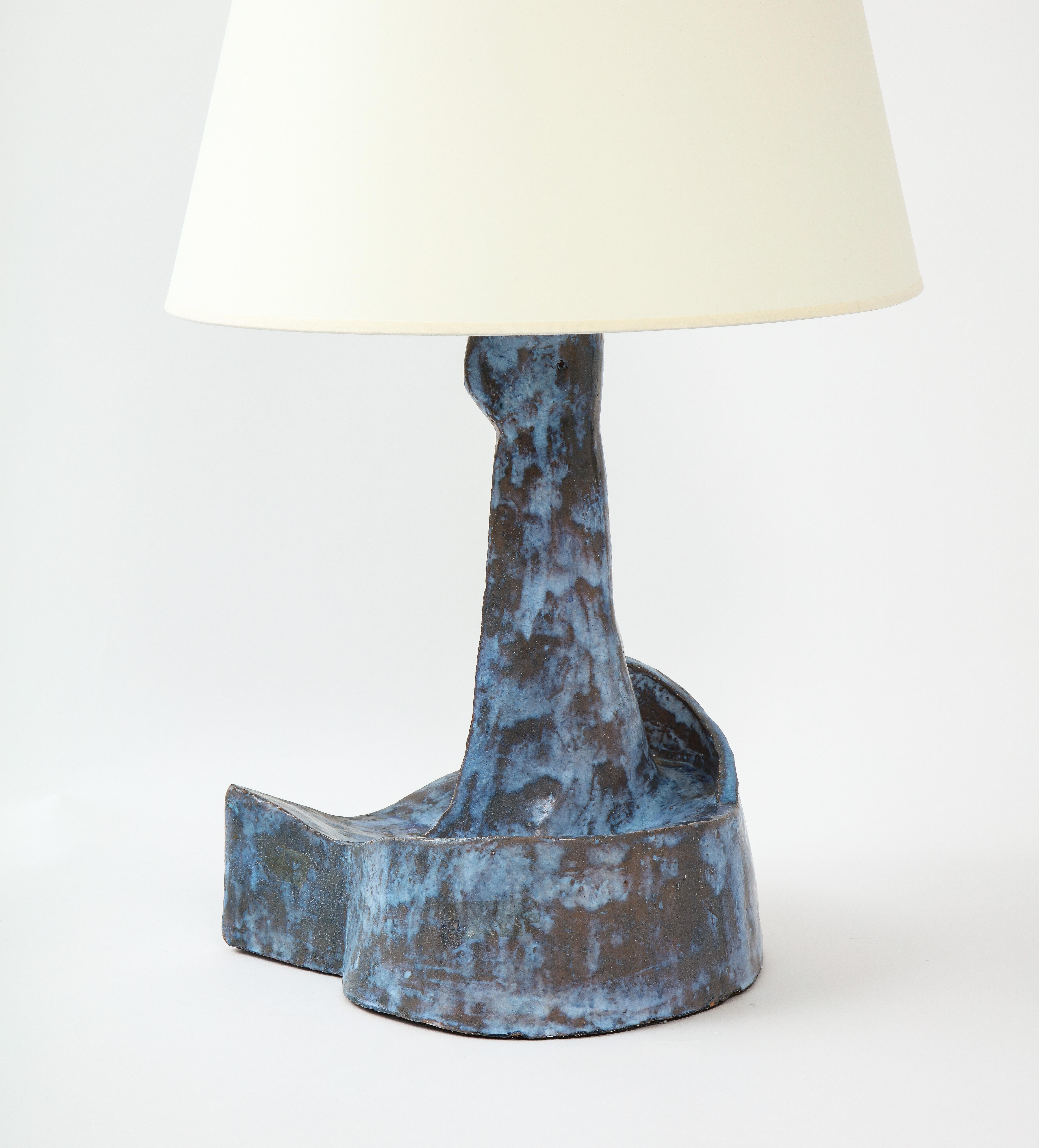 Bronze Sculptural Blue Mid-Century French Ceramic Table Lamp, France 1950's For Sale