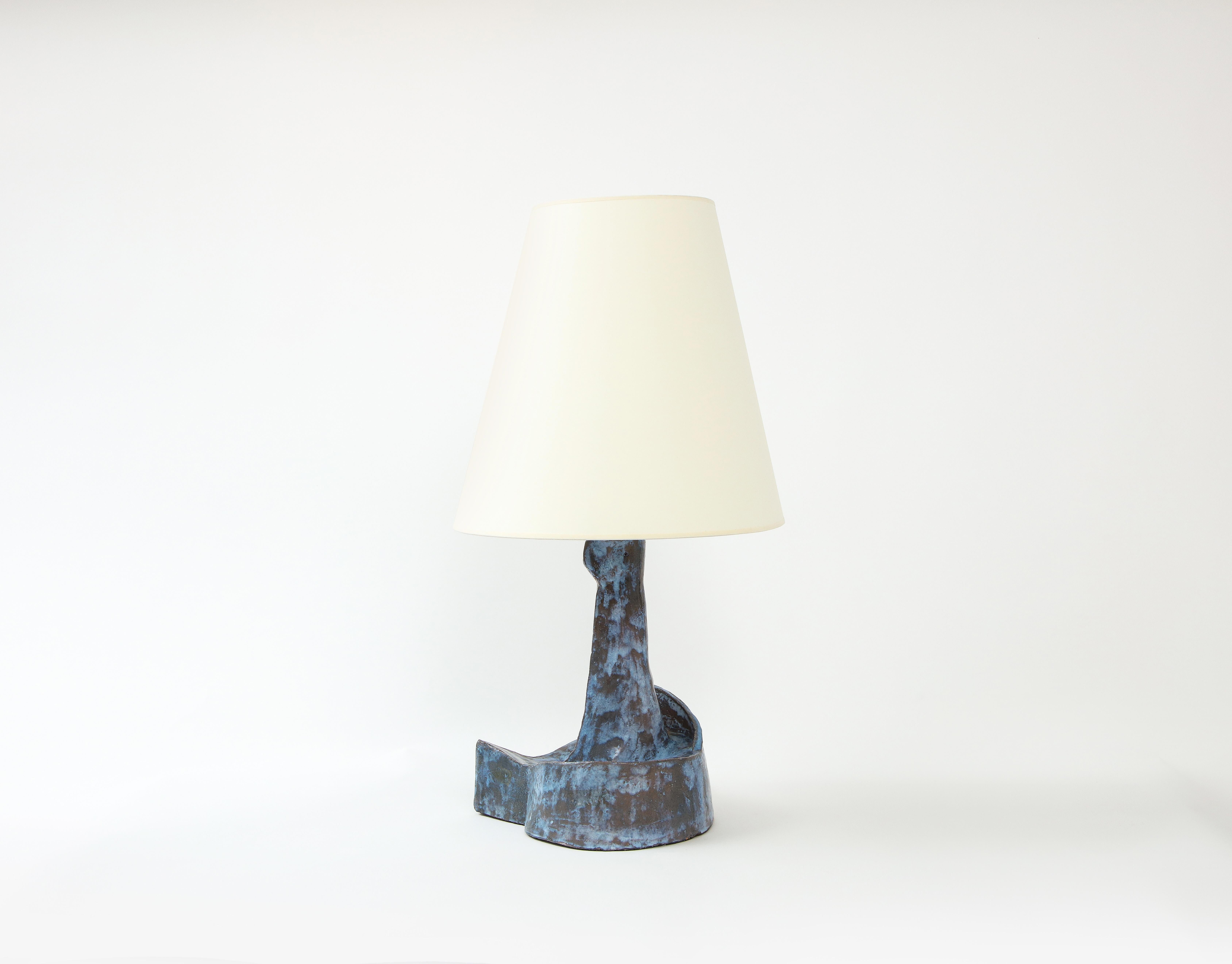 Sculptural Blue Mid-Century French Ceramic Table Lamp, France 1950's For Sale 1