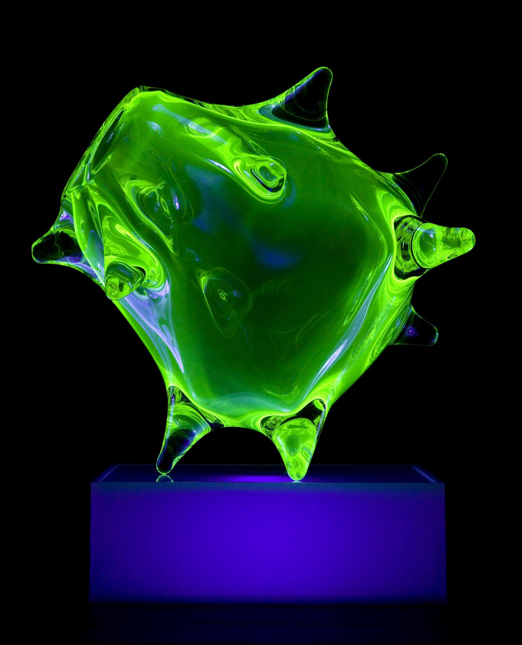 Unique sculpture in fluorescent hand blown glass, with lightbox. Designed and made by Jeff Zimmerman, USA, 2010.

Limited number available. Please note that each item may differ slightly in color and shape.
    .