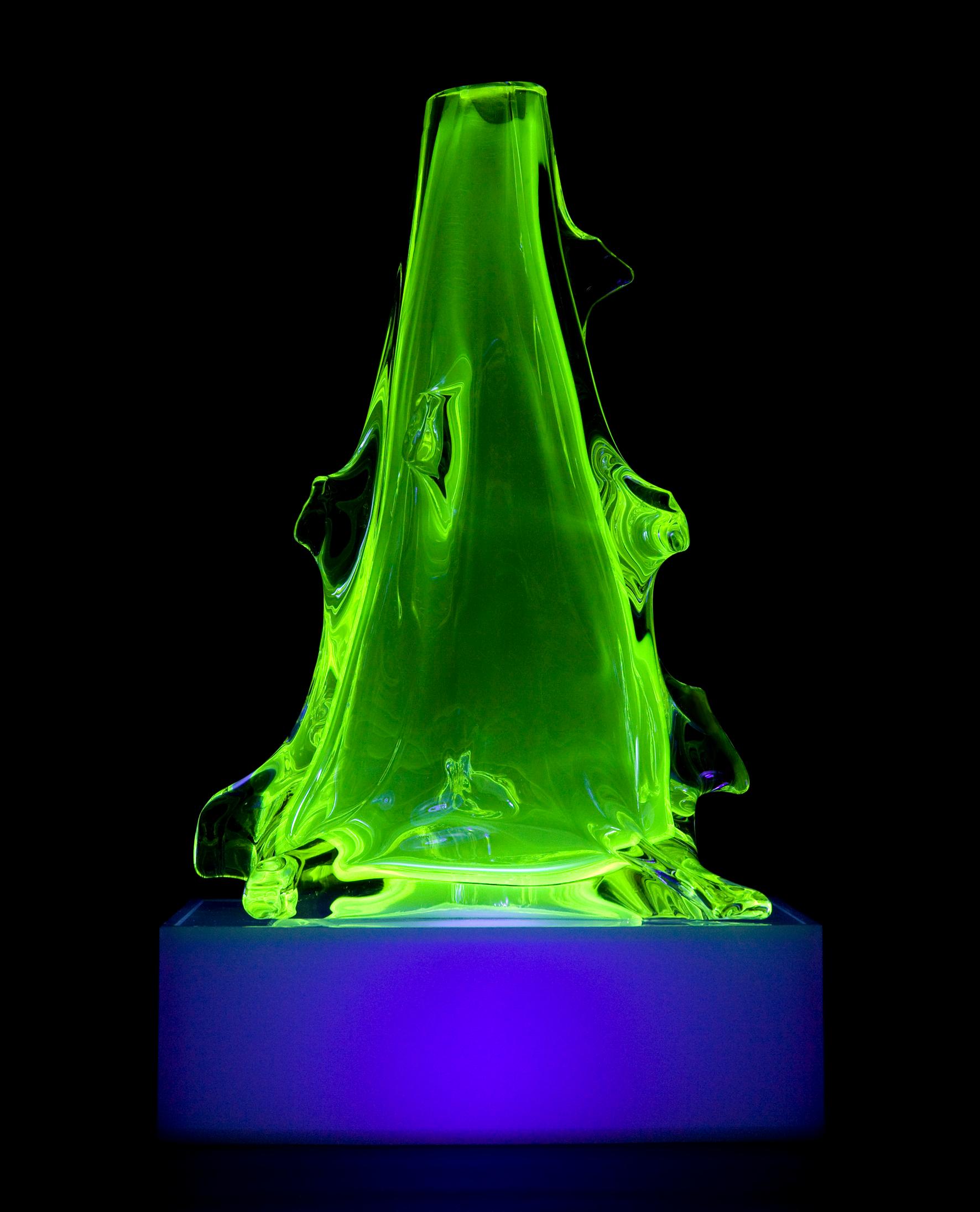 Unique sculpture in fluorescent hand blown glass, with lightbox. Designed and made by Jeff Zimmerman, USA, 2010. Measures: 3.5