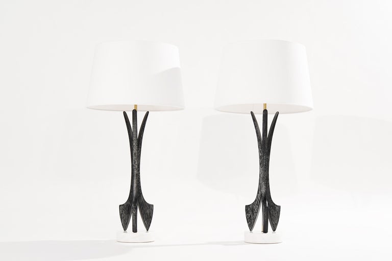 American Sculptural Limed Oak Table Lamps, 1950s For Sale