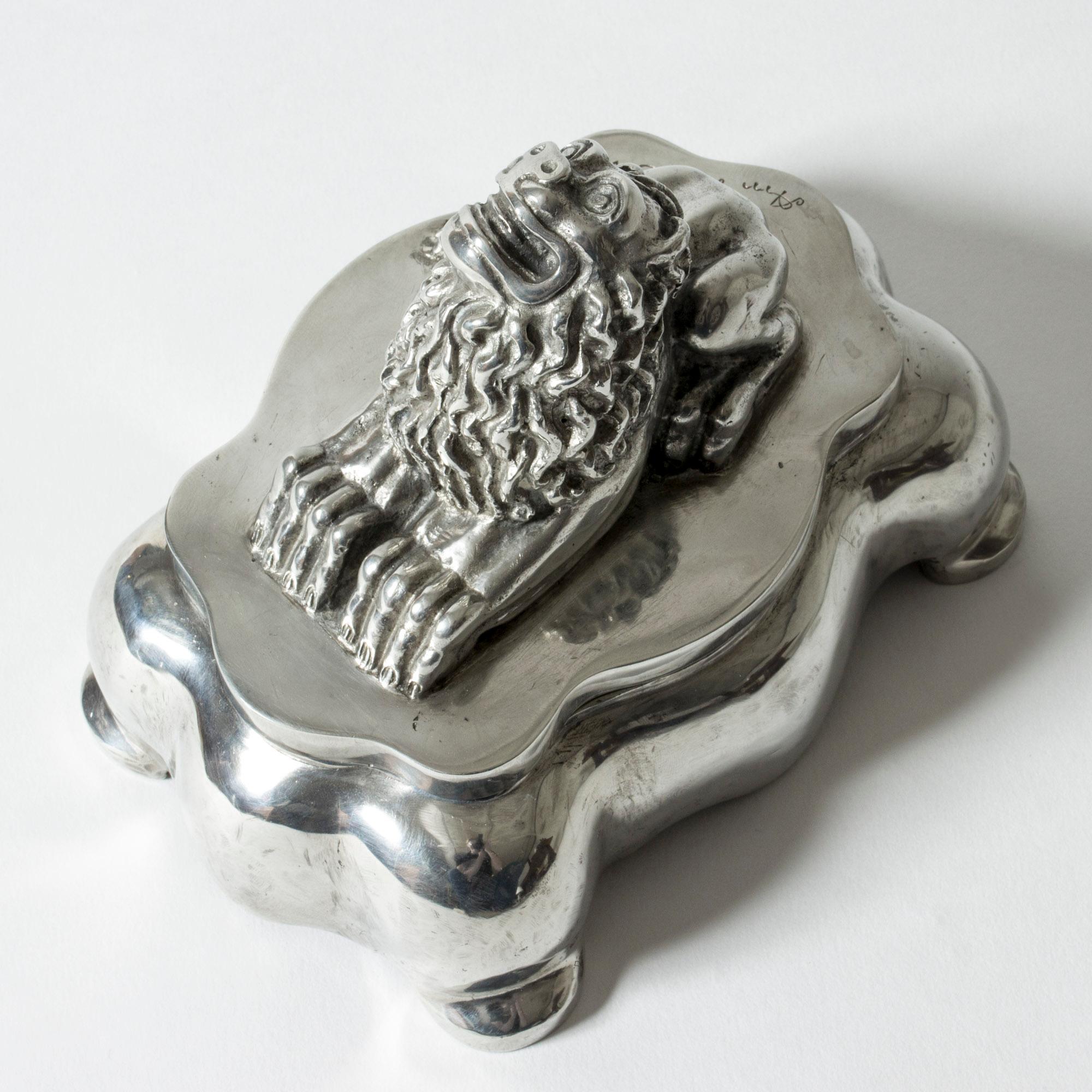 Scandinavian Modern Sculptural Lion Pewter Inkwell Box by Anna Petrus for Herman Bergman, Sweden