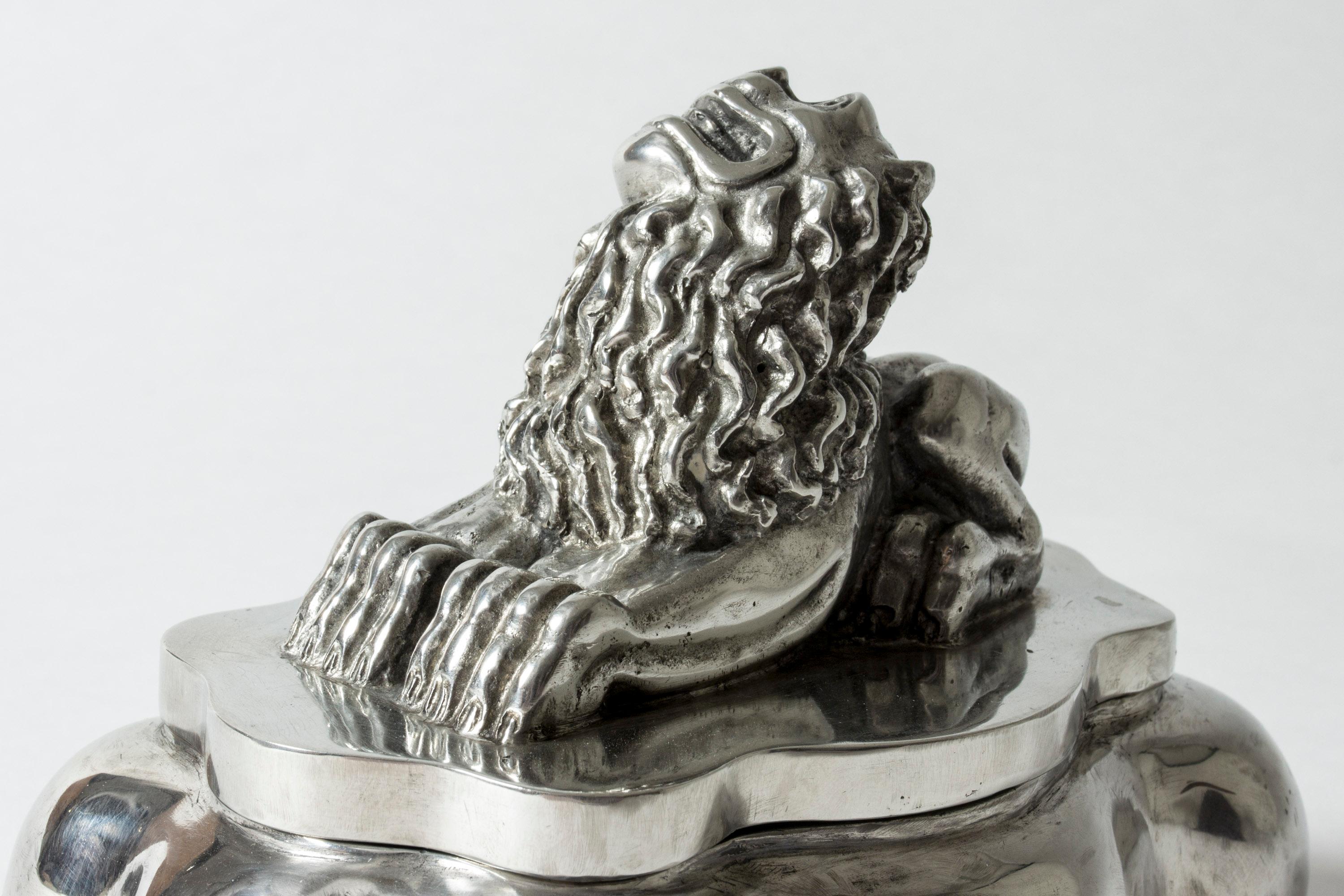 Sculptural Lion Pewter Inkwell Box by Anna Petrus for Herman Bergman, Sweden In Good Condition In Stockholm, SE