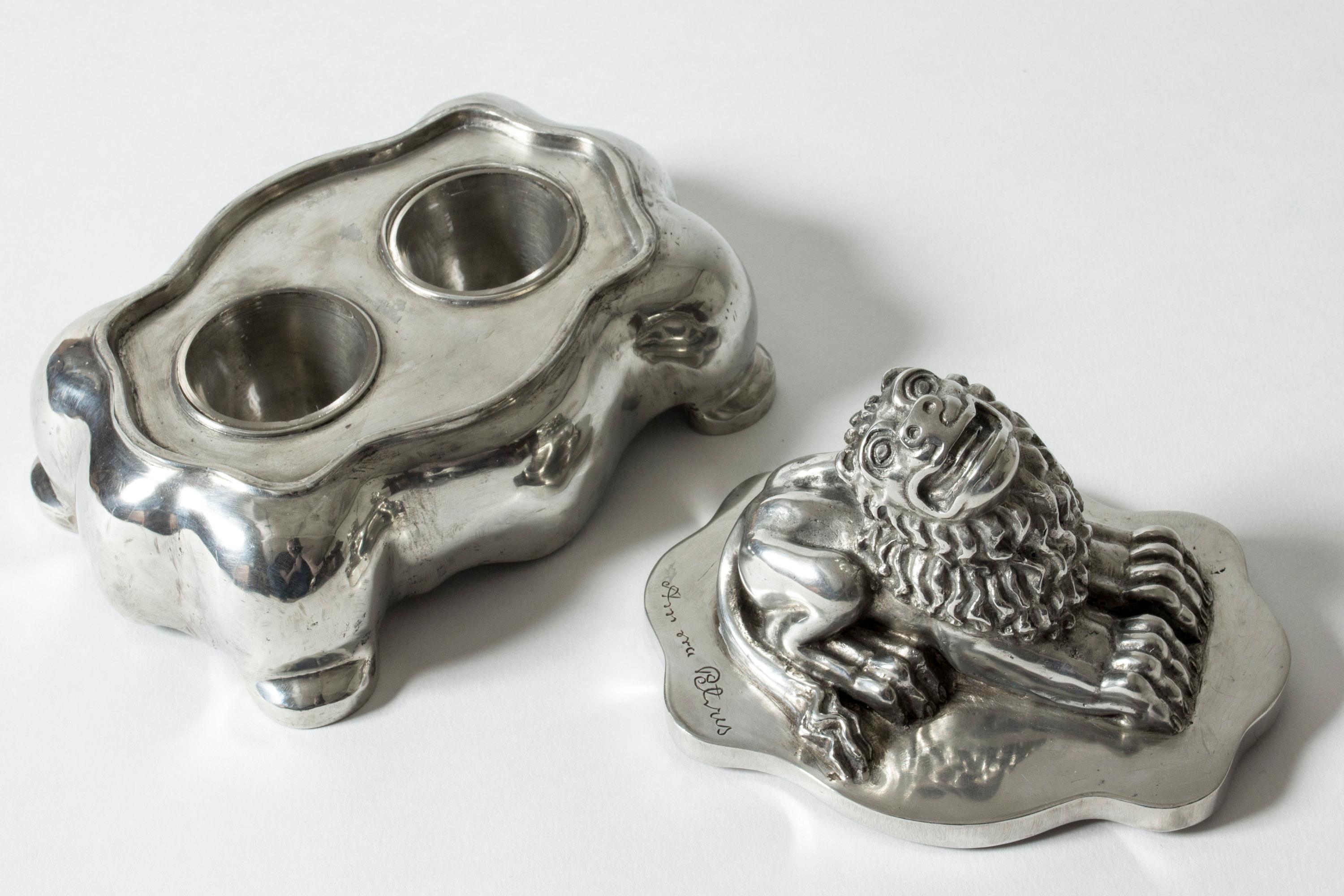 Early 20th Century Sculptural Lion Pewter Inkwell Box by Anna Petrus for Herman Bergman, Sweden