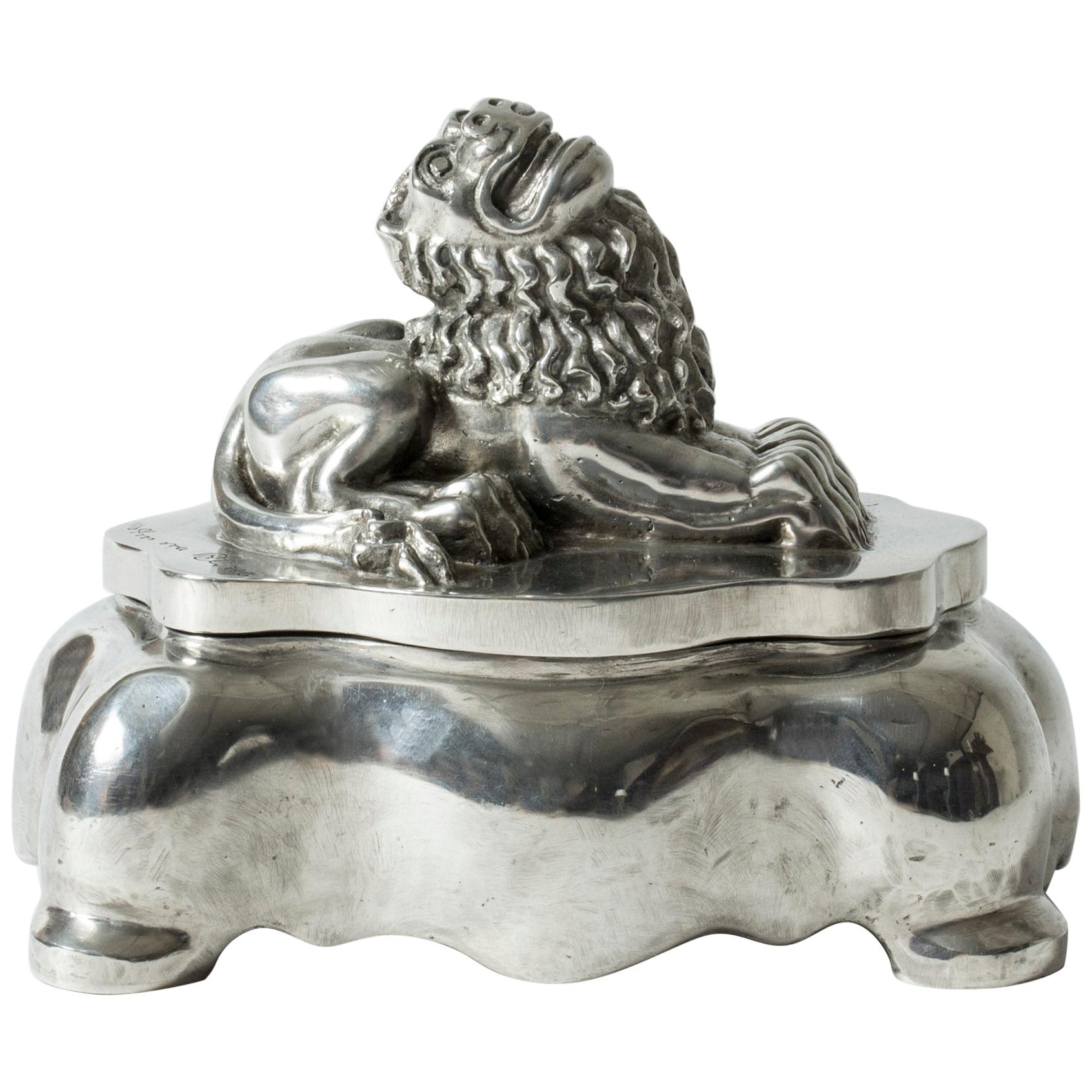 Sculptural Lion Pewter Inkwell Box by Anna Petrus for Herman Bergman, Sweden