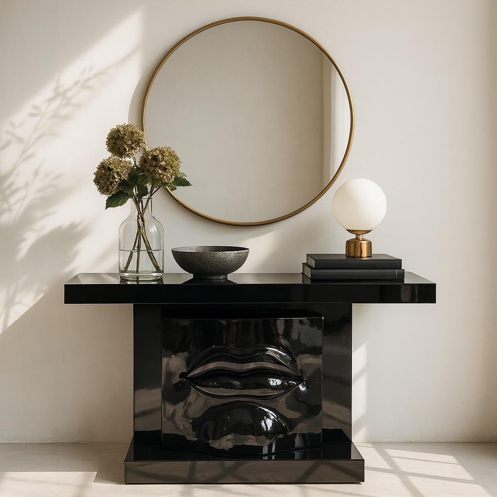 Portugais Table console sculpturale Lips en laque rouge brillant JLC en vente