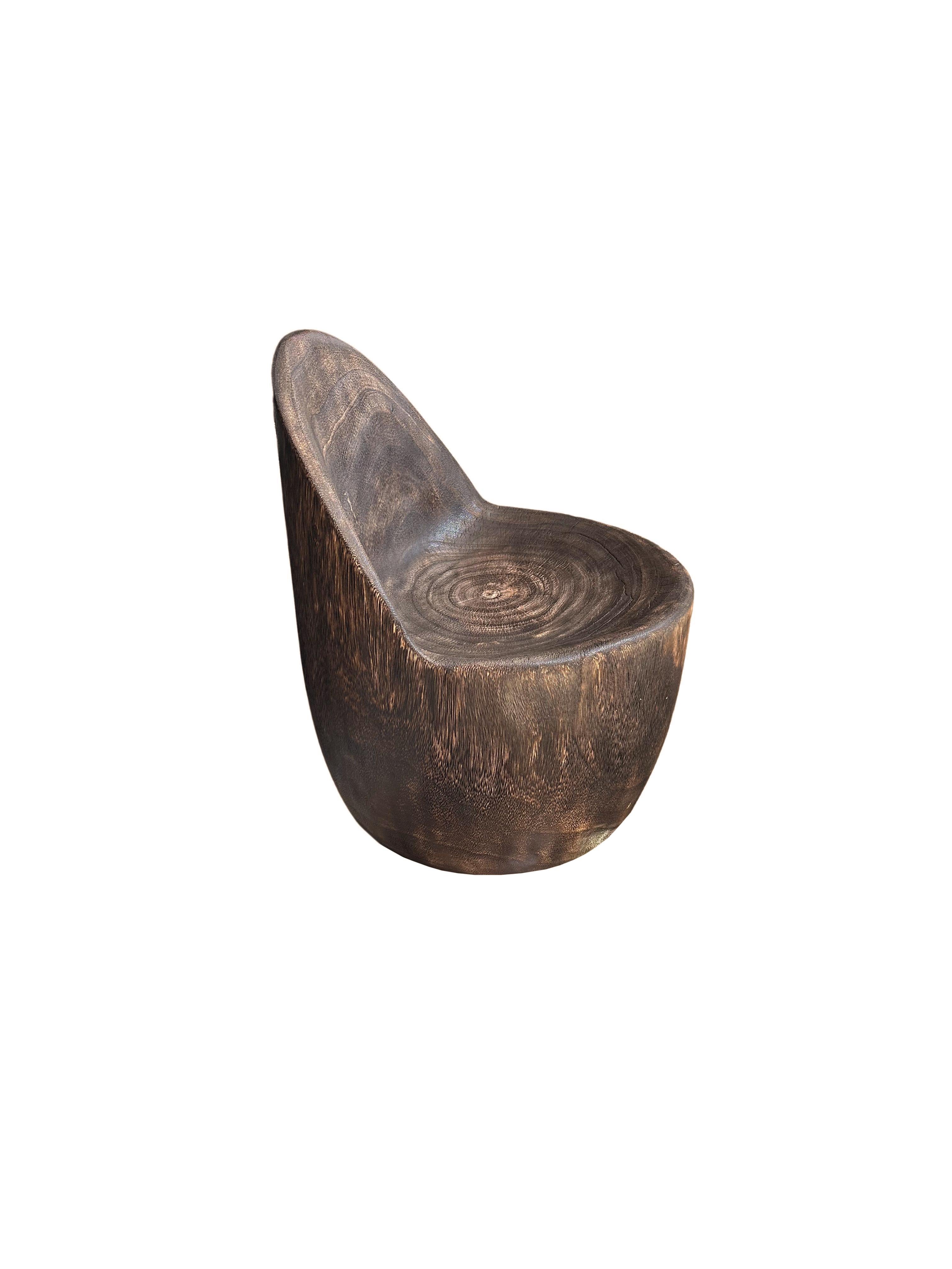 Hand-Crafted Sculptural Lounge Chair Carved from Solid Suar Wood, Modern Organic For Sale
