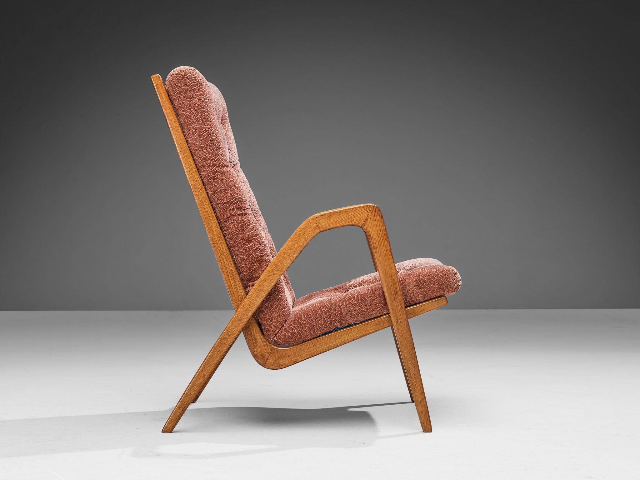 Mid-20th Century Sculptural Lounge Chair in Oak and Burgundy Upholstery  For Sale