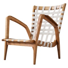 Sculptural Lounge Chair in Wood and Canvas Webbing