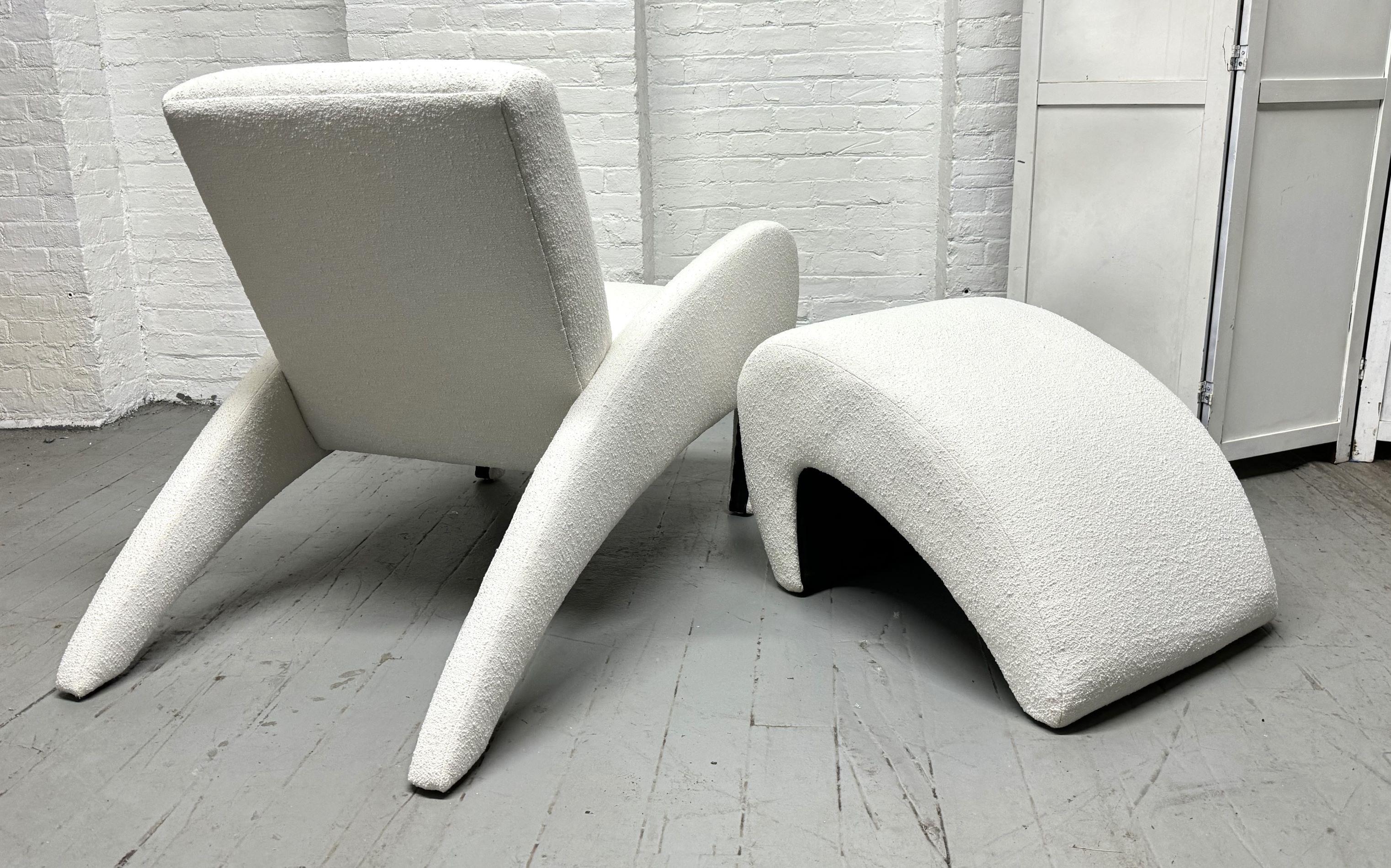 Sculptural Lounge chair with matching ottoman. Upholstered in Boucle.  Kagan Style.
Measures: Chair: 35