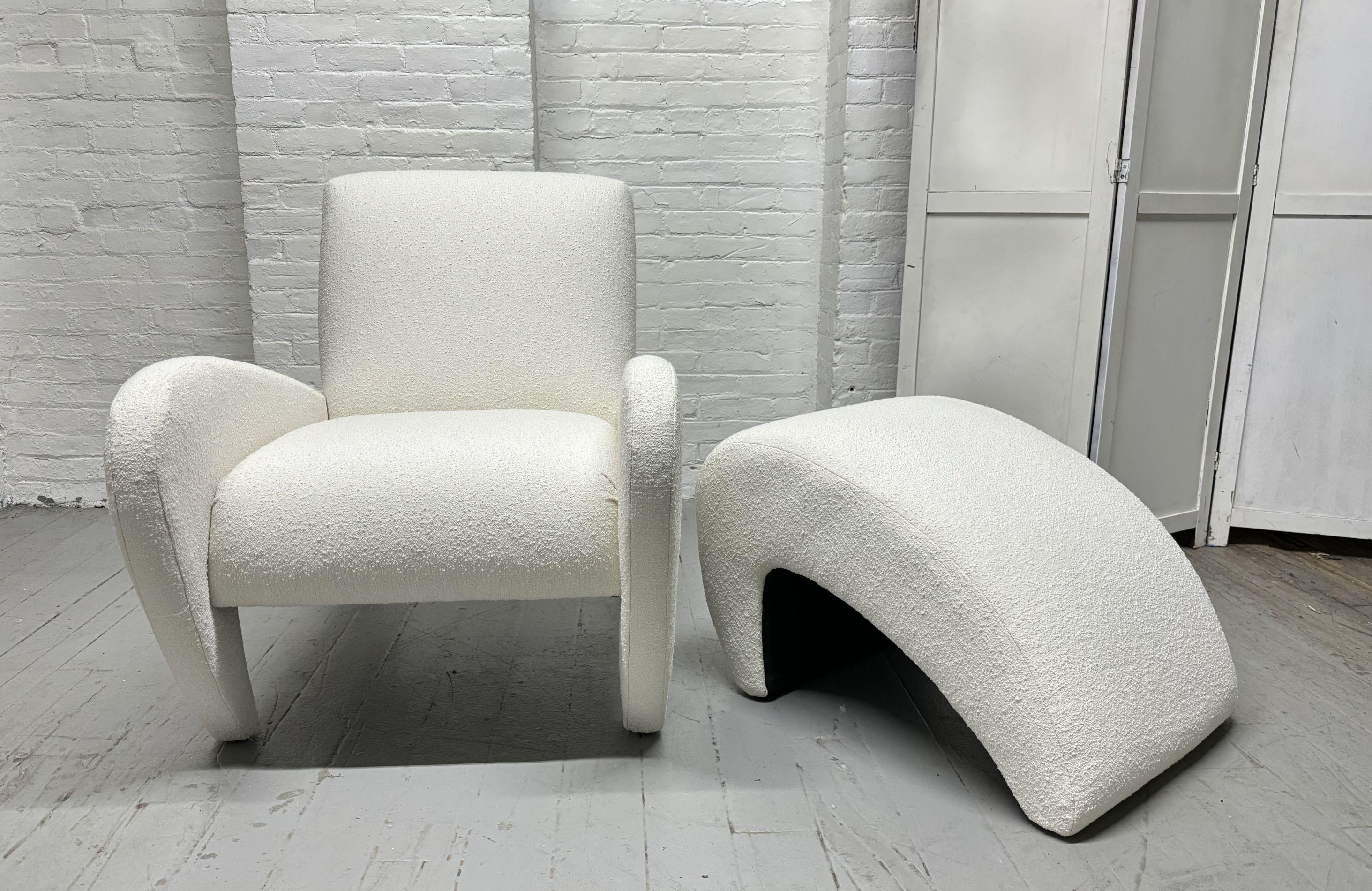 Late 20th Century Sculptural Lounge Chair with Matching Ottoman in Boucle For Sale