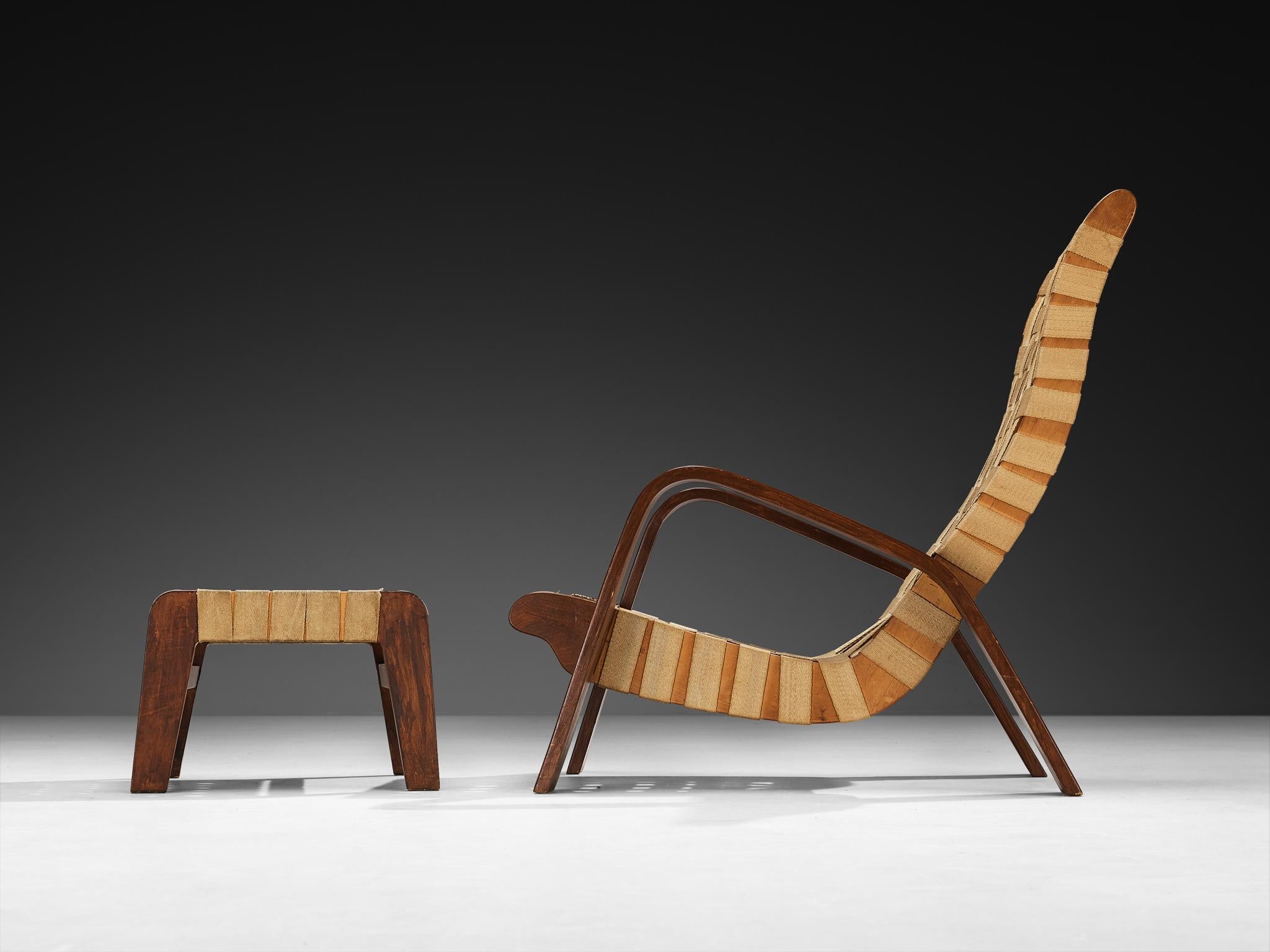 Metà XX secolo Sedia da salotto scultorea con ottomana in fettuccia di tela e legno di Bentwood in vendita