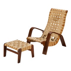 Sculptural Lounge Chair with Ottoman in Canvas Webbing and Bentwood