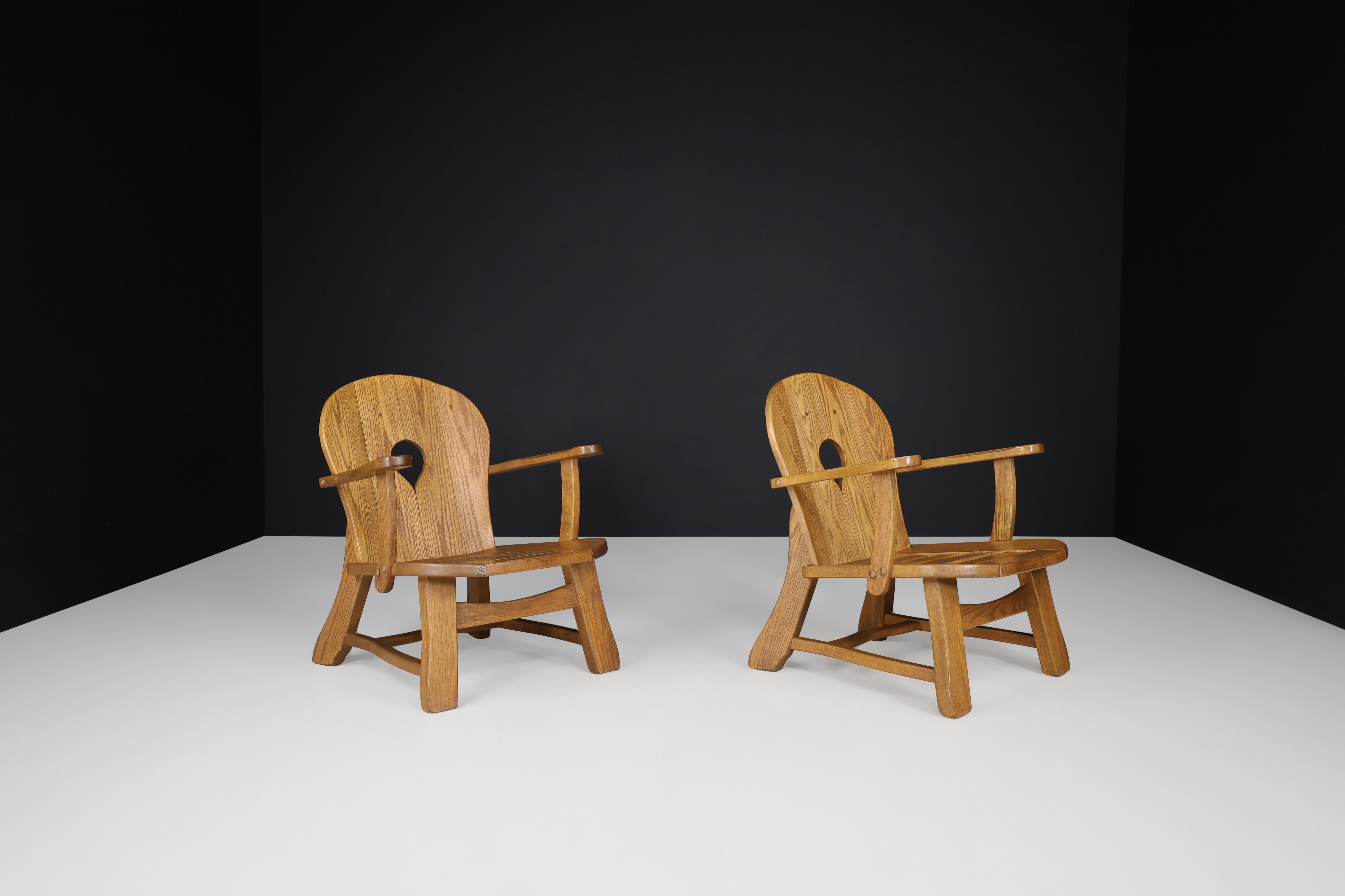 Sculptural Lounge Chairs in Oak, France, 1960s For Sale 8
