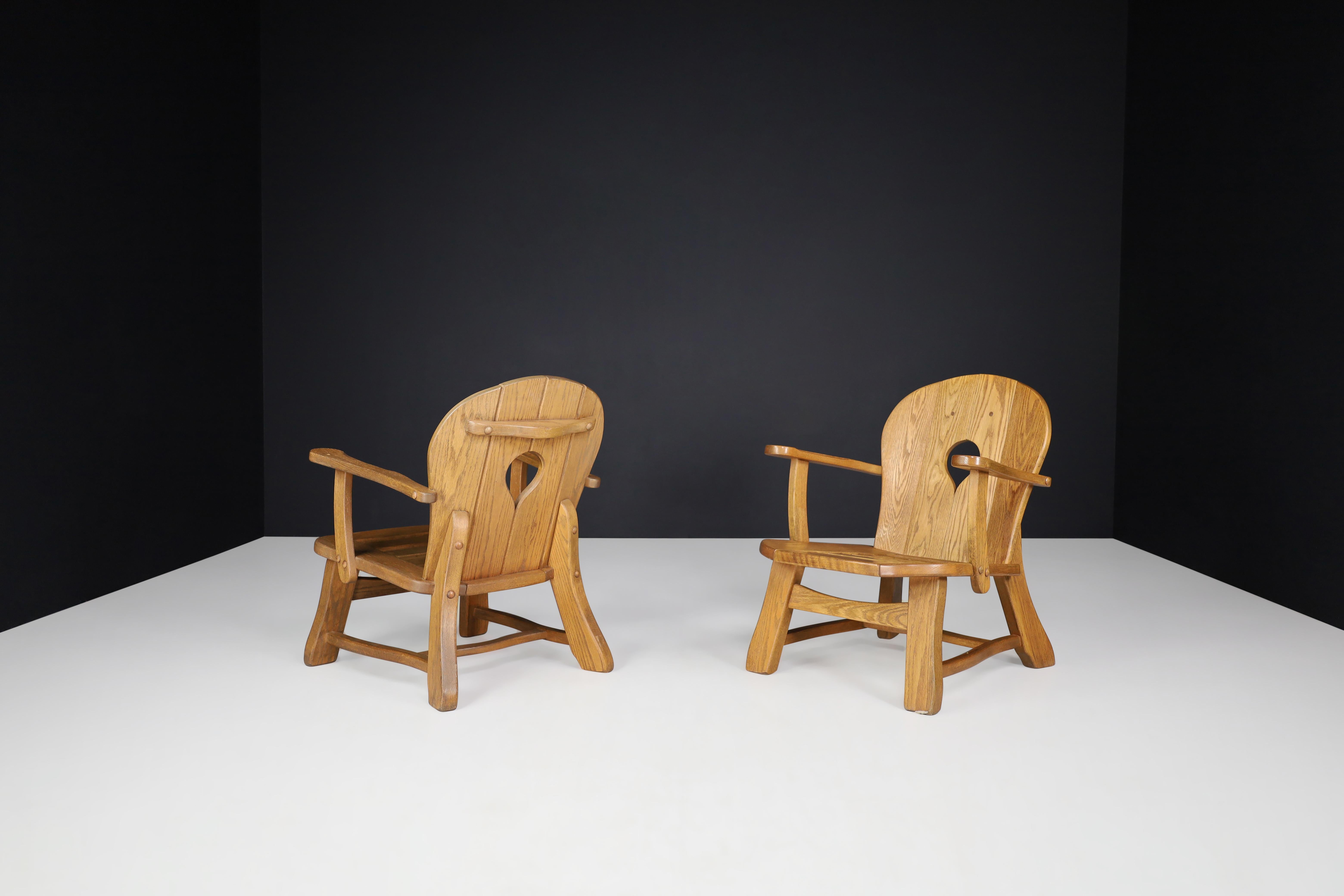 Sculptural Lounge Chairs in Oak, France, 1960s For Sale 1