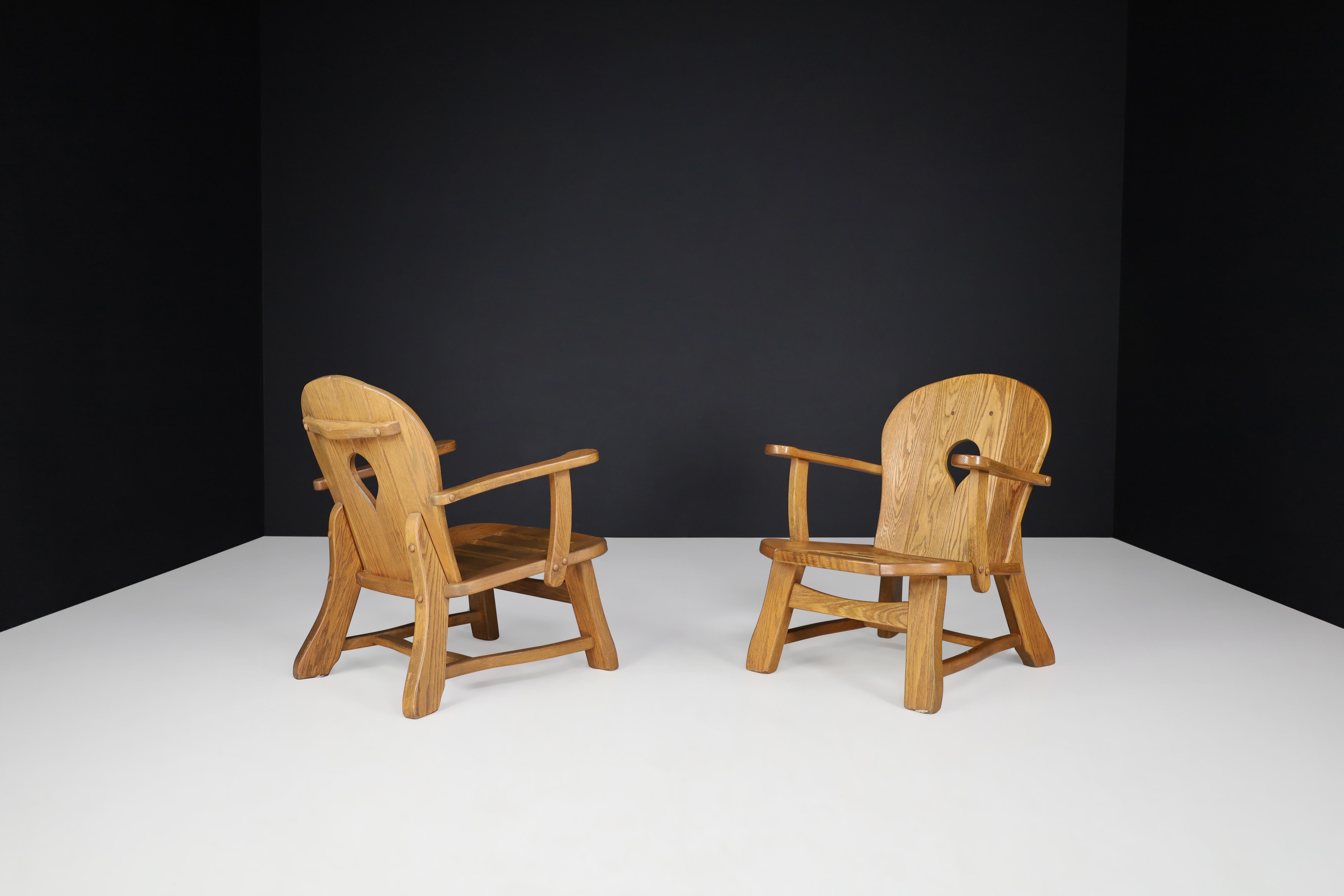 Sculptural Lounge Chairs in Oak, France, 1960s For Sale 2