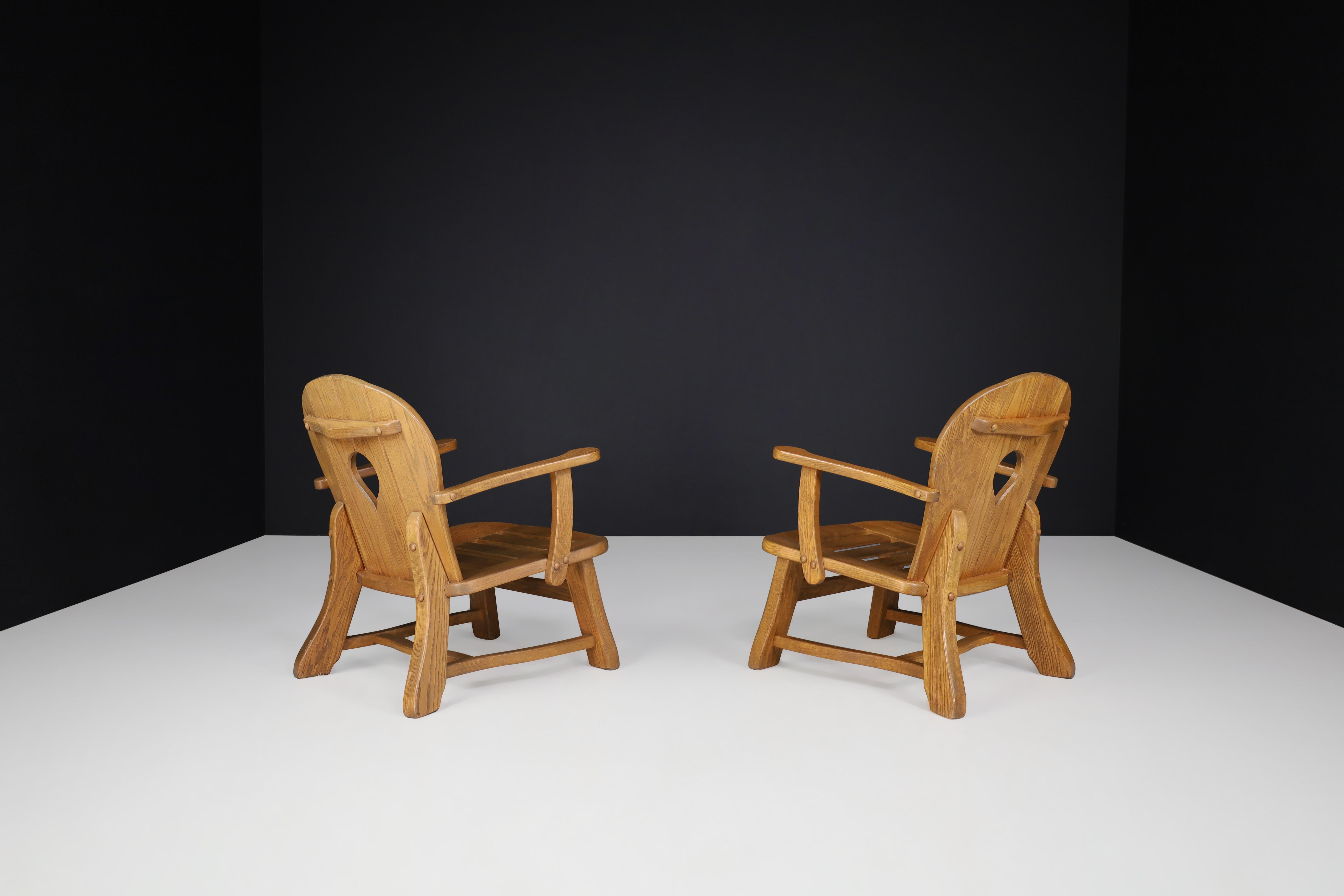Sculptural Lounge Chairs in Oak, France, 1960s For Sale 3