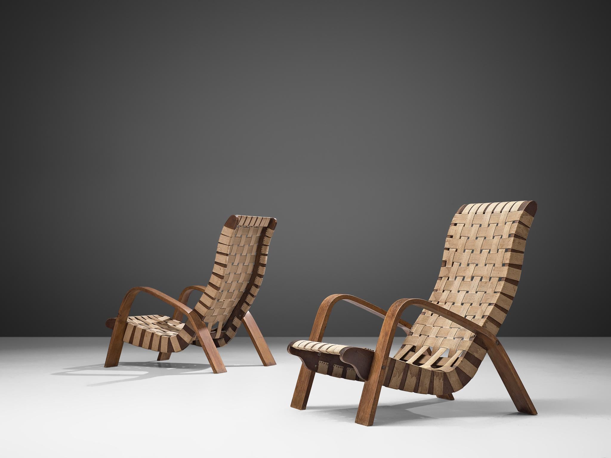 Sculptural Lounge Chairs with Ottomans in Canvas and Plywood For Sale 4