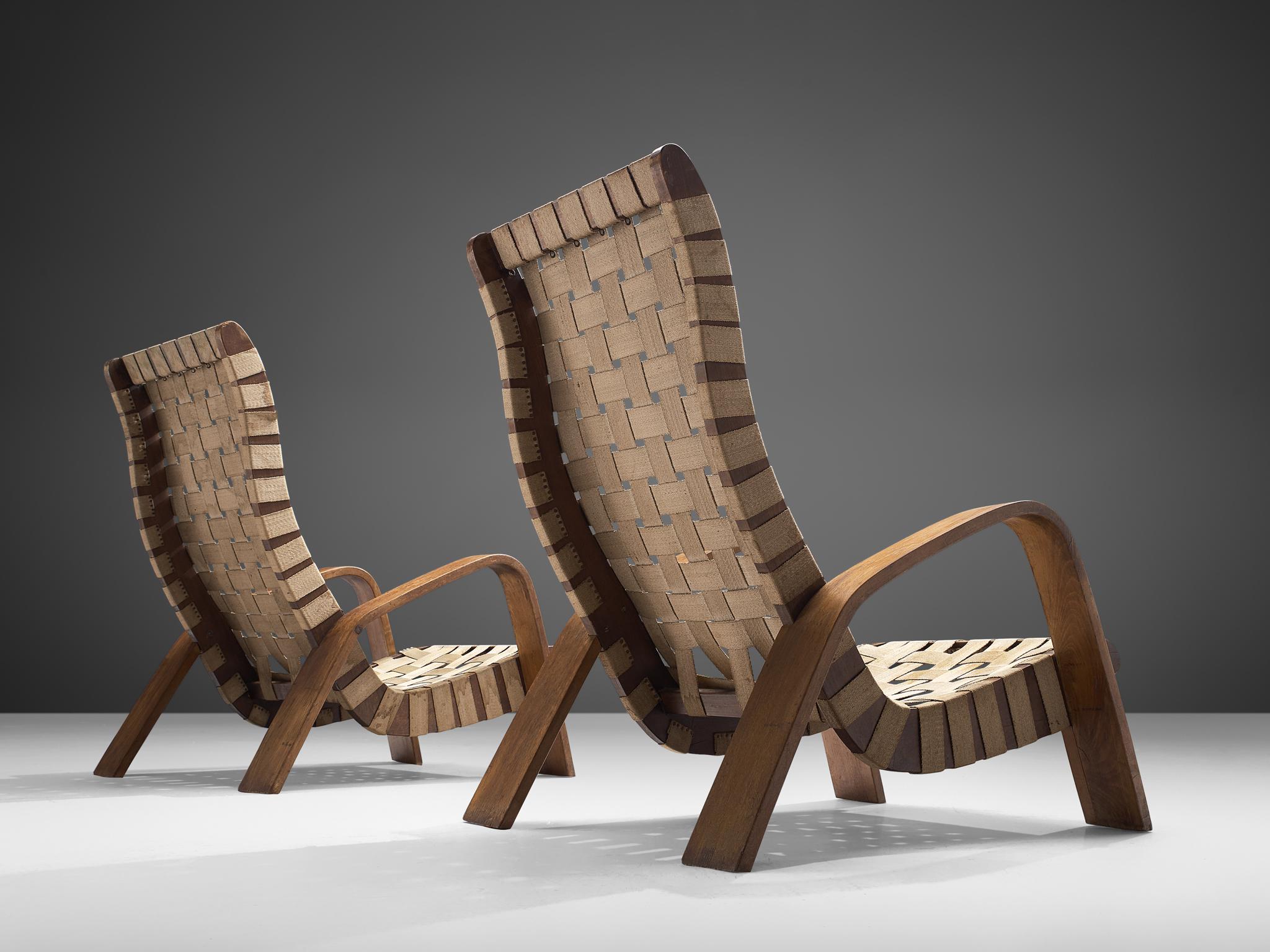 Sculptural Lounge Chairs with Ottomans in Canvas and Plywood For Sale 3