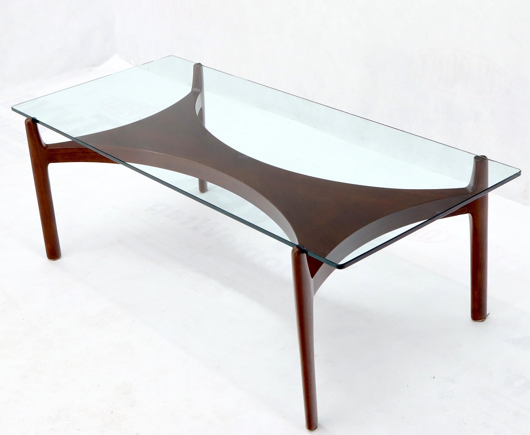 Sculptural Low Profile Teak Base Glass Top Danish Midcentury Coffee Table In Excellent Condition For Sale In Rockaway, NJ