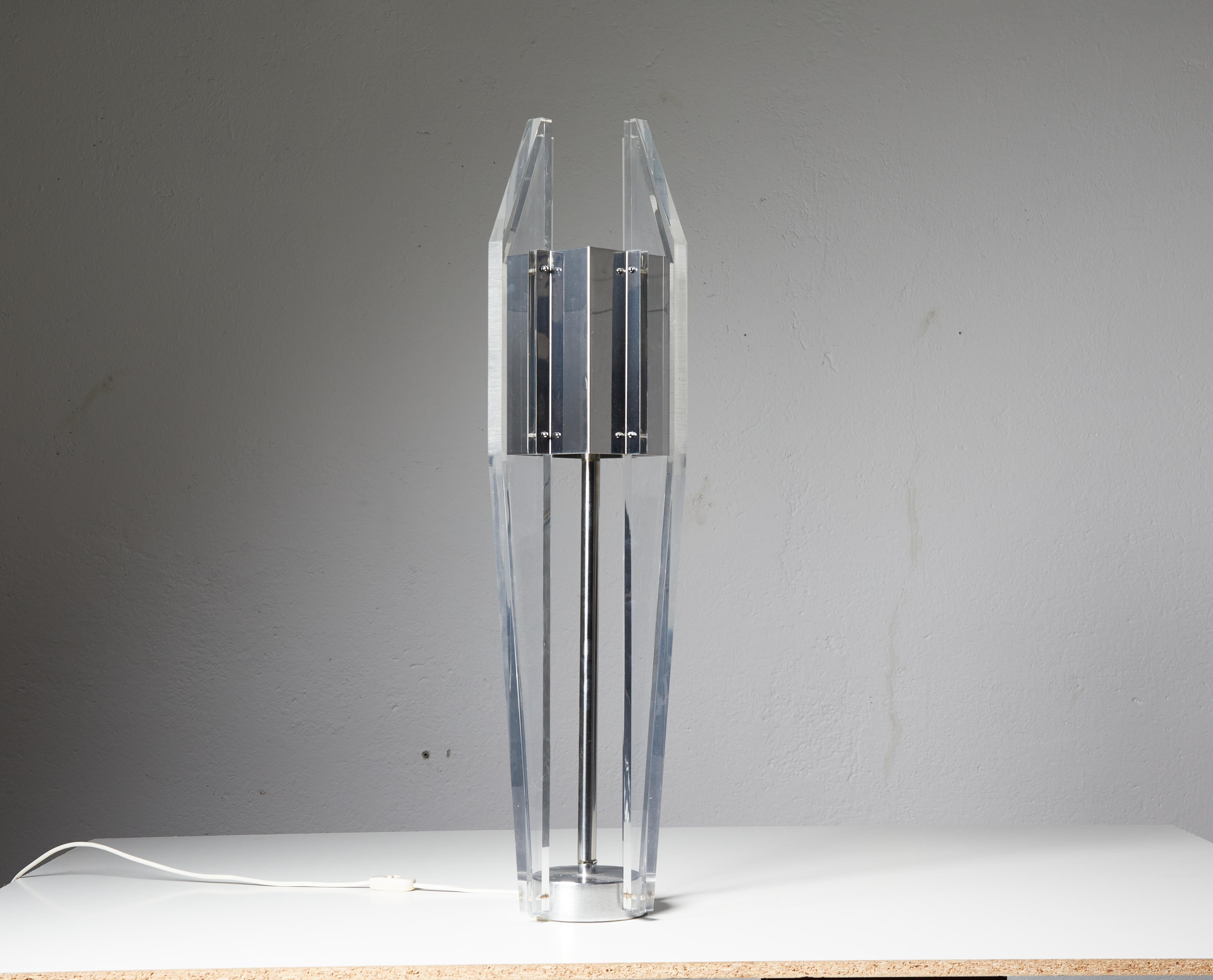 French Sculptural Lucite and Stainless Steel Table Lamp by Philippe Jean, France 1970