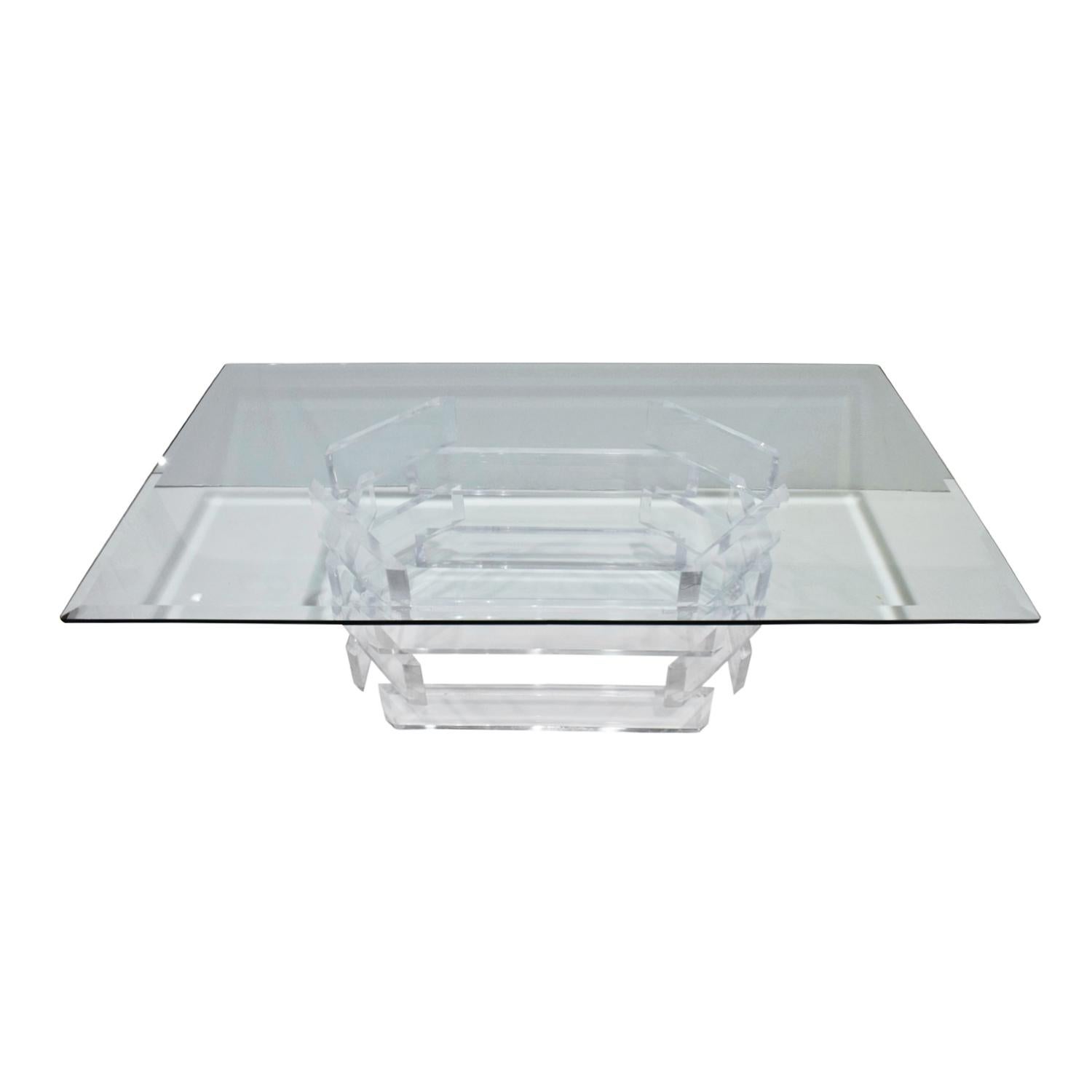 American Sculptural Lucite Coffee Table with Beveled Glass Top, 1970s