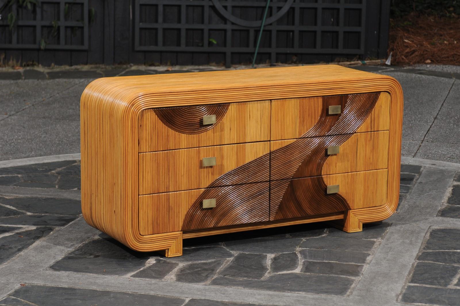 This magnificent chest is shipped as professionally photographed and described in the listing narrative: Completely Installation Ready.

A magnificent six-drawer commode by the wickedly talented Betty Cobonpue, circa 1980. Stout expertly crafted