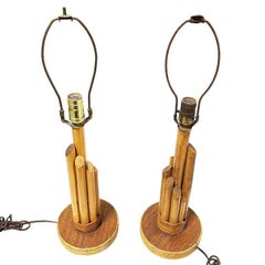 Sculptural Mahogany & Wicker Wrapped Rattan Graduated 7-Pole Table Lamps, Pair