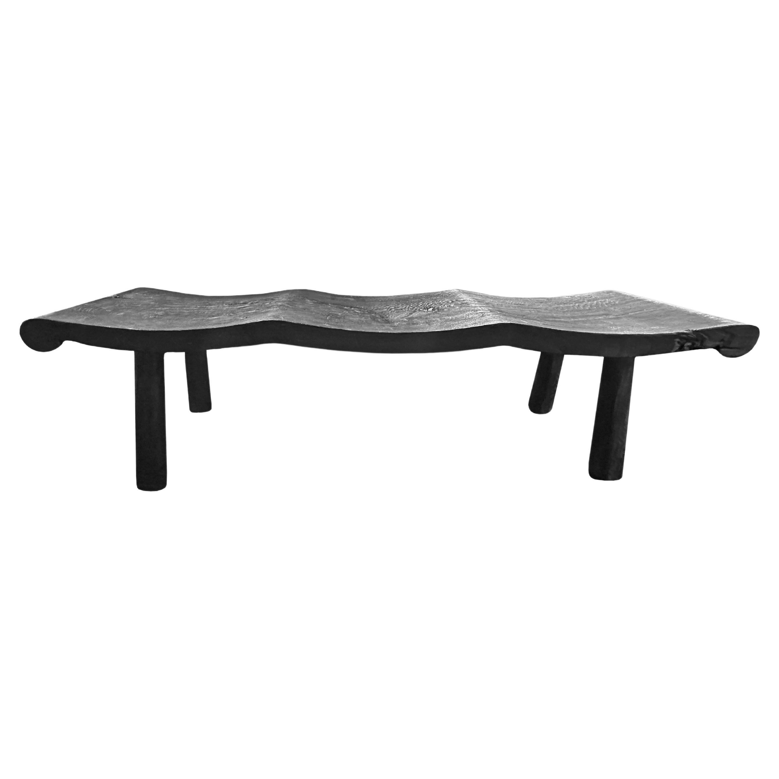 Sculptural Mango Wood Bench, Burnt Finish, Modern Organic