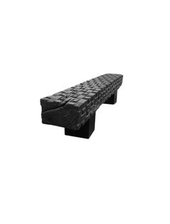 Sculptural Mango Wood Bench, Carved Detailing, Burnt Finish Modern Organic