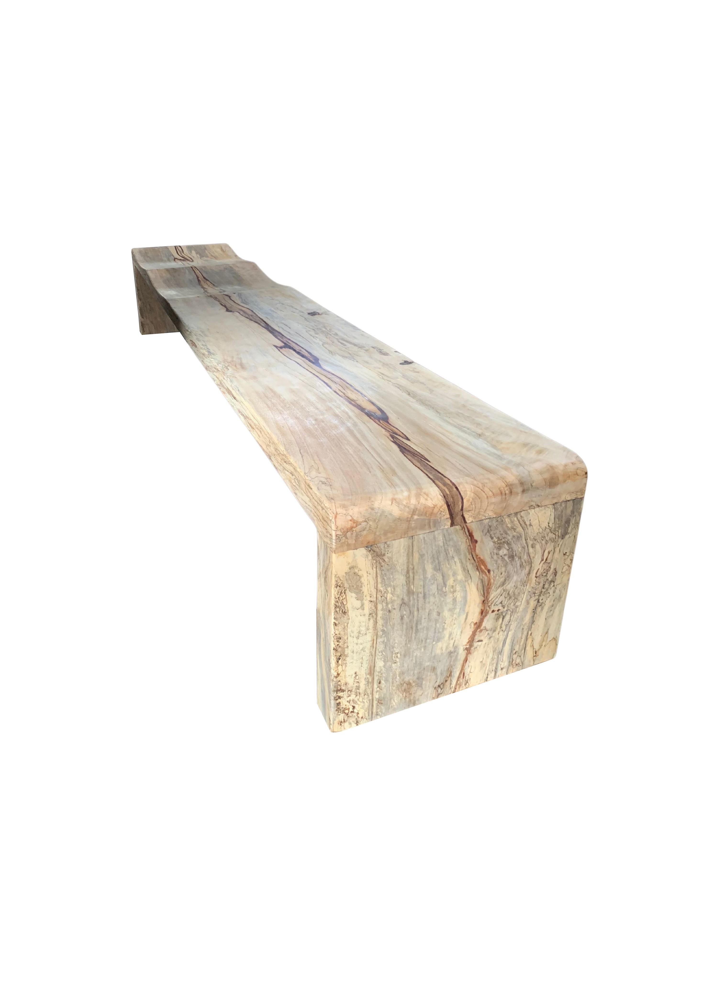 Hand-Carved Sculptural Tamarind Wood Long Bench Carved Detailing Modern Organic For Sale