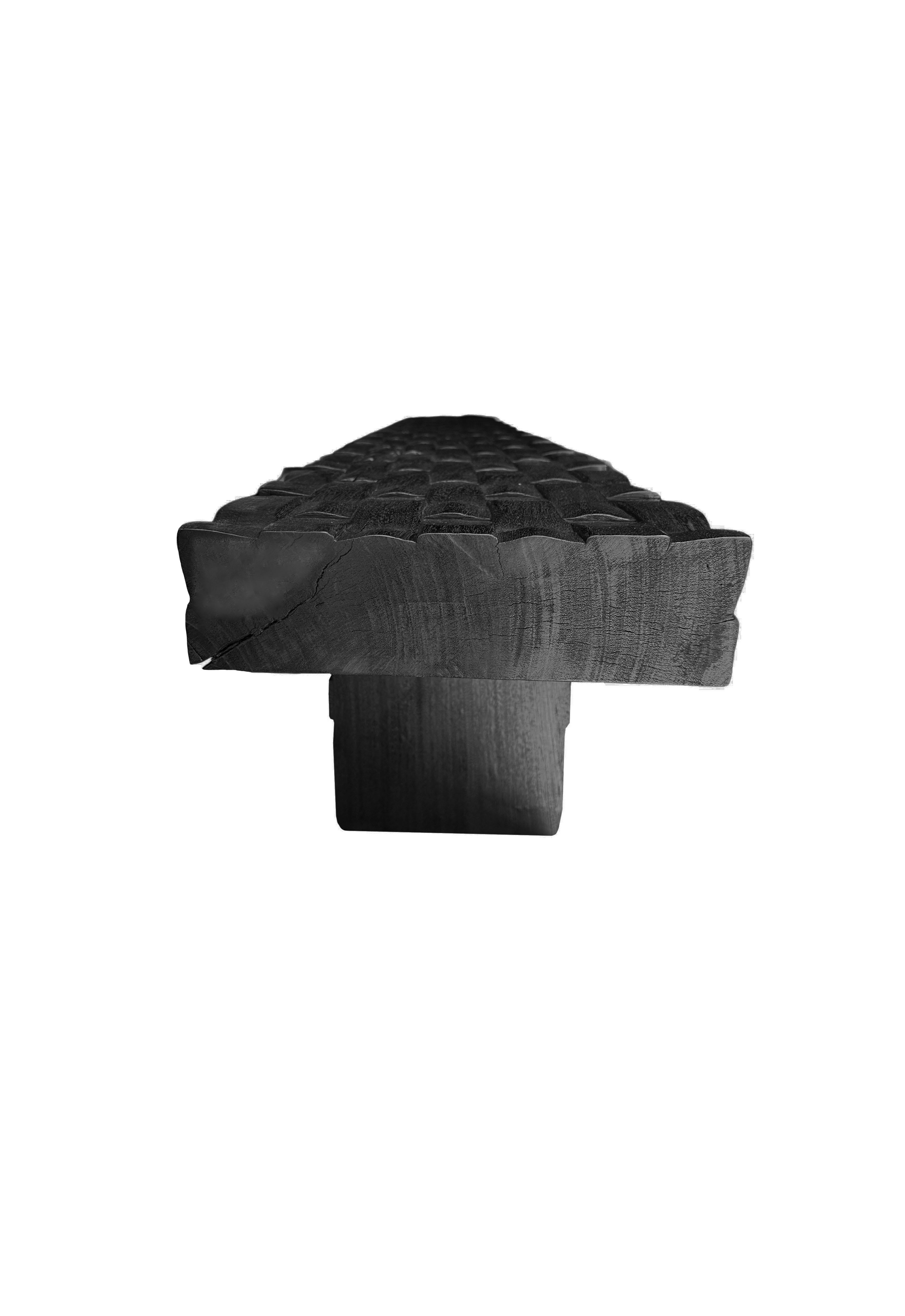 Contemporary Sculptural Mango Wood Bench, Carved Detailing, Burnt Finish Modern Organic For Sale