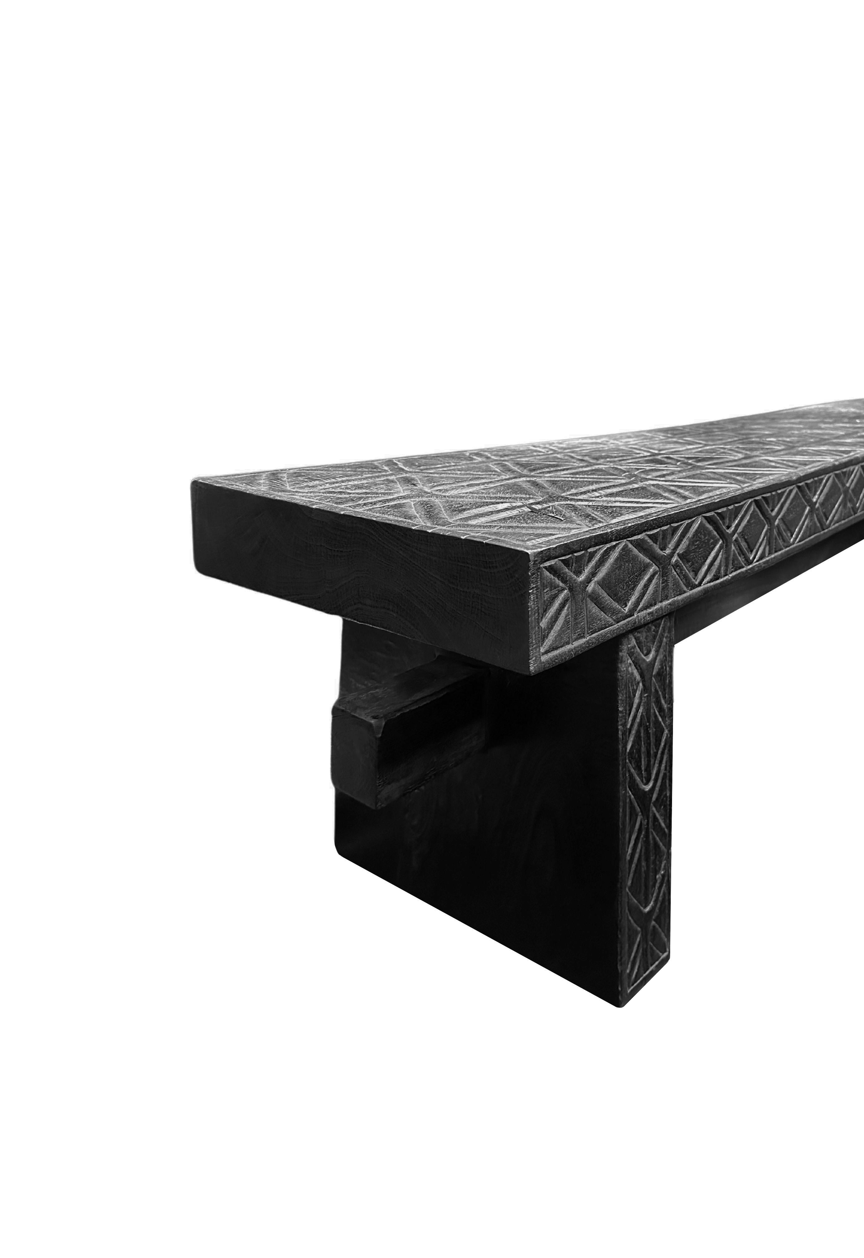 Contemporary Sculptural Mango Wood Bench, Carved Detailing, Burnt Finish Modern Organic For Sale