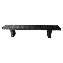 Sculptural Mango Wood Bench, Carved Detailing, Burnt Finish Modern Organic