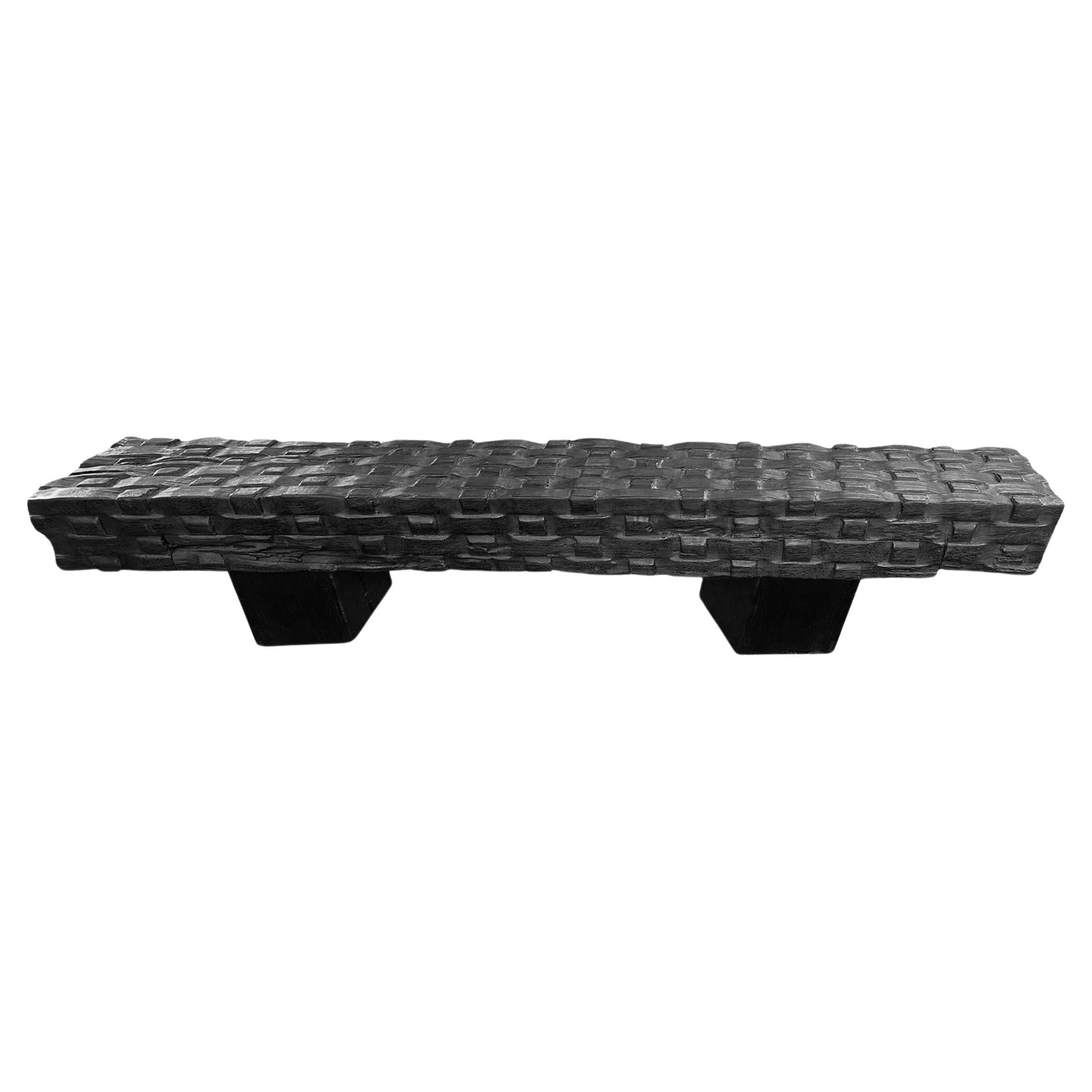 Sculptural Mango Wood Bench, Carved Detailing, Burnt Finish Modern Organic