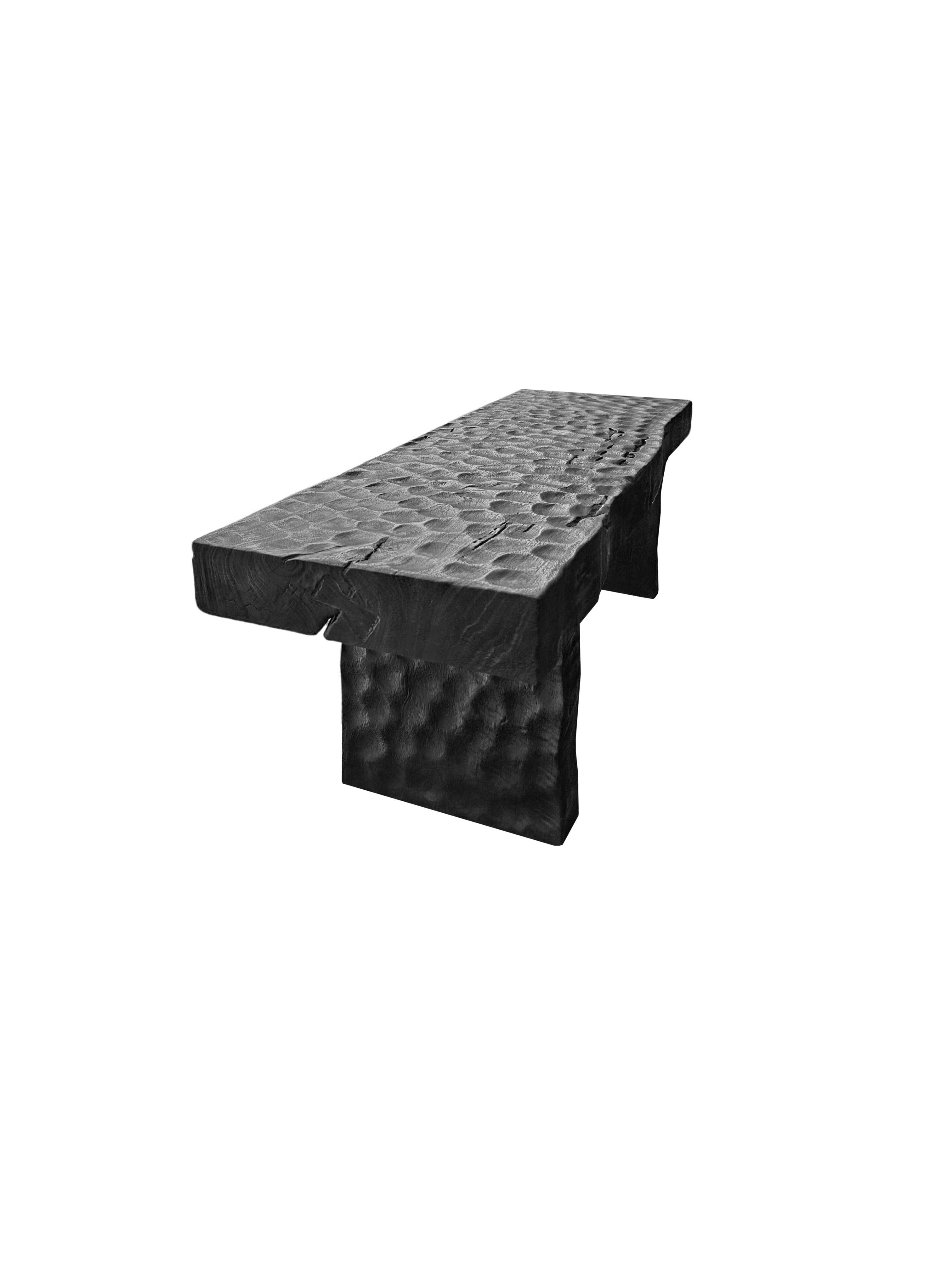 Indonesian Sculptural Mango Wood Bench with Burnt Finish Modern Organic For Sale