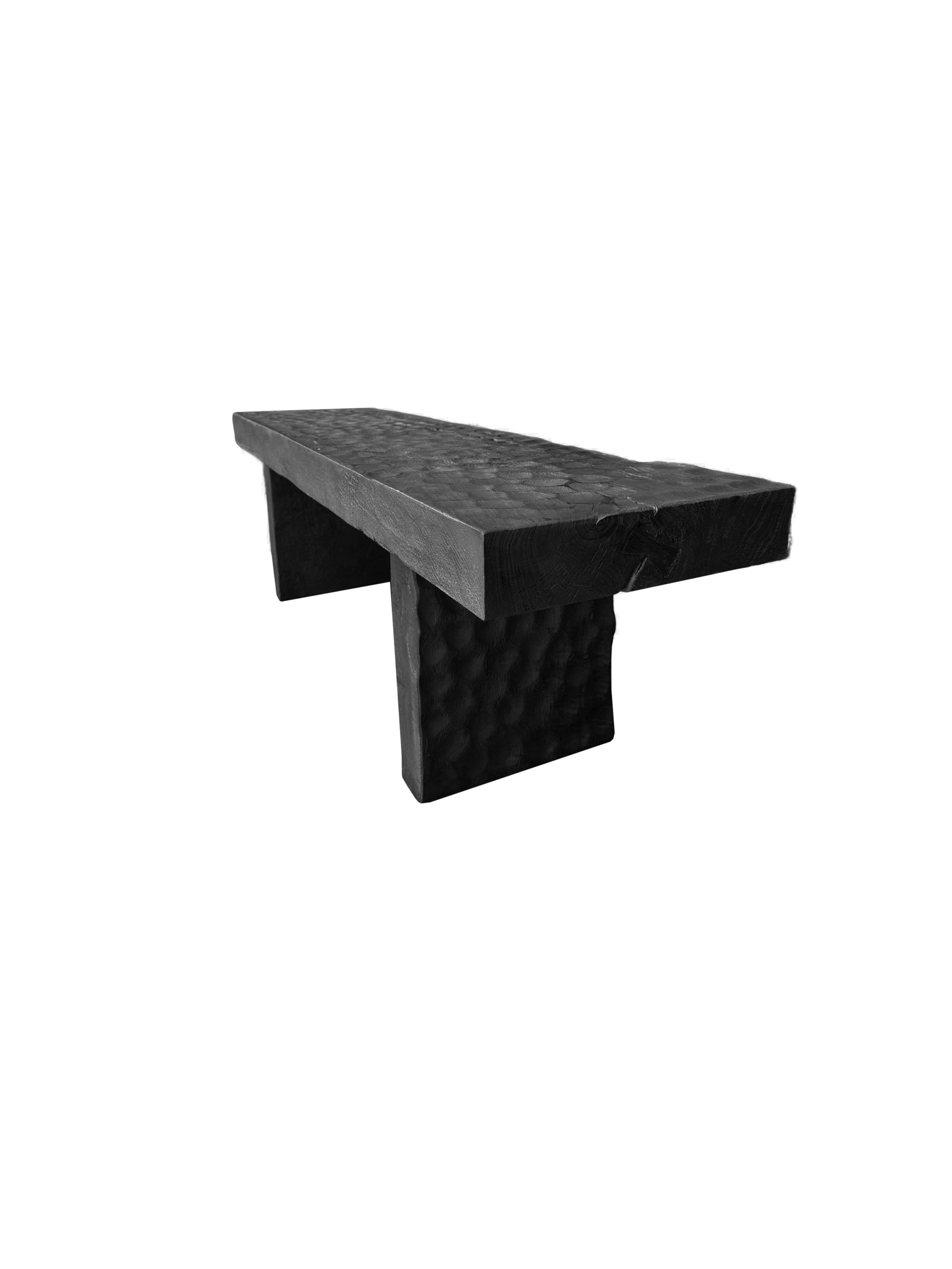 Hand-Carved Sculptural Mango Wood Bench with Burnt Finish Modern Organic For Sale