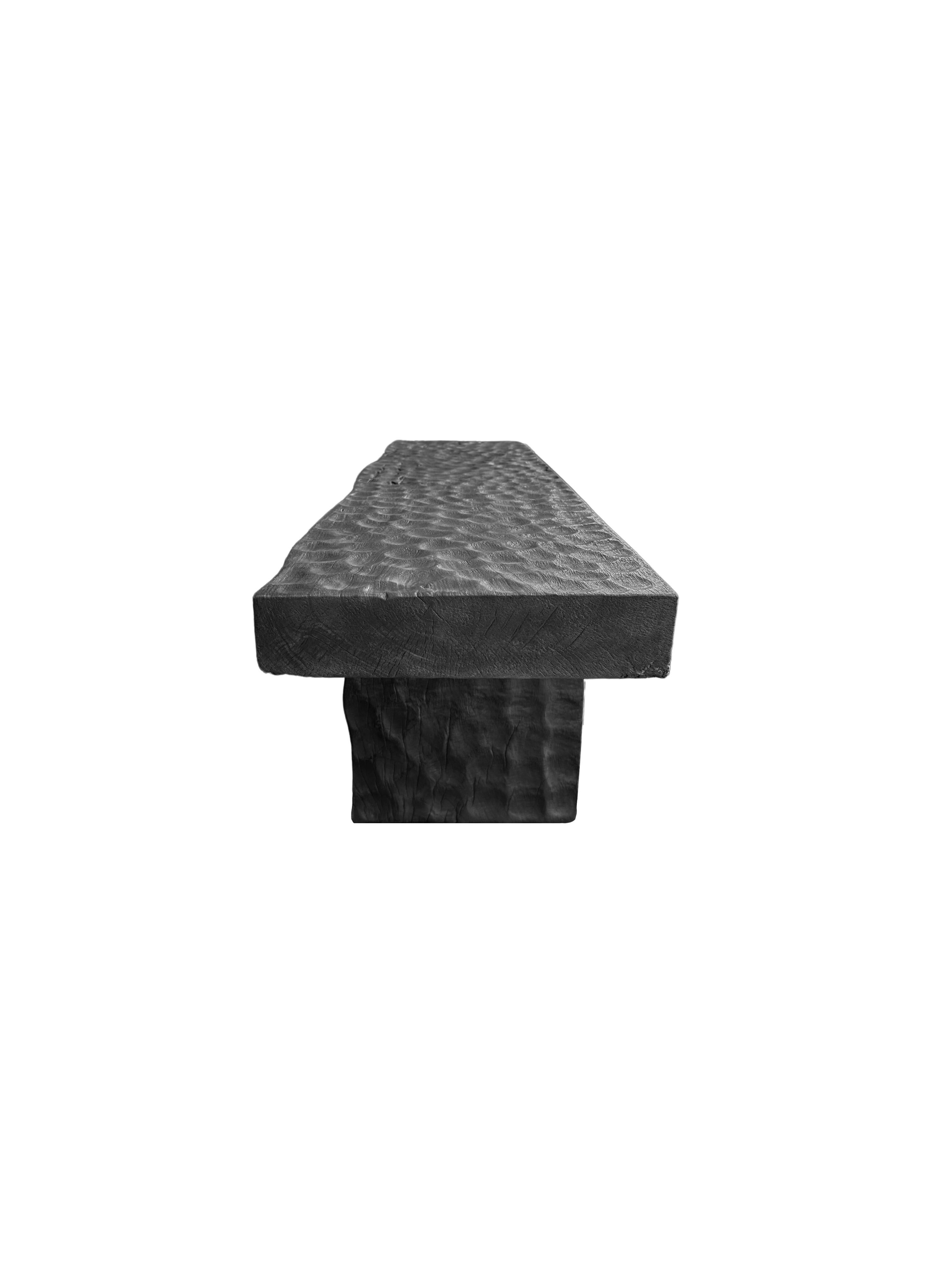 Sculptural Mango Wood Bench with Burnt Finish Modern Organic For Sale 1
