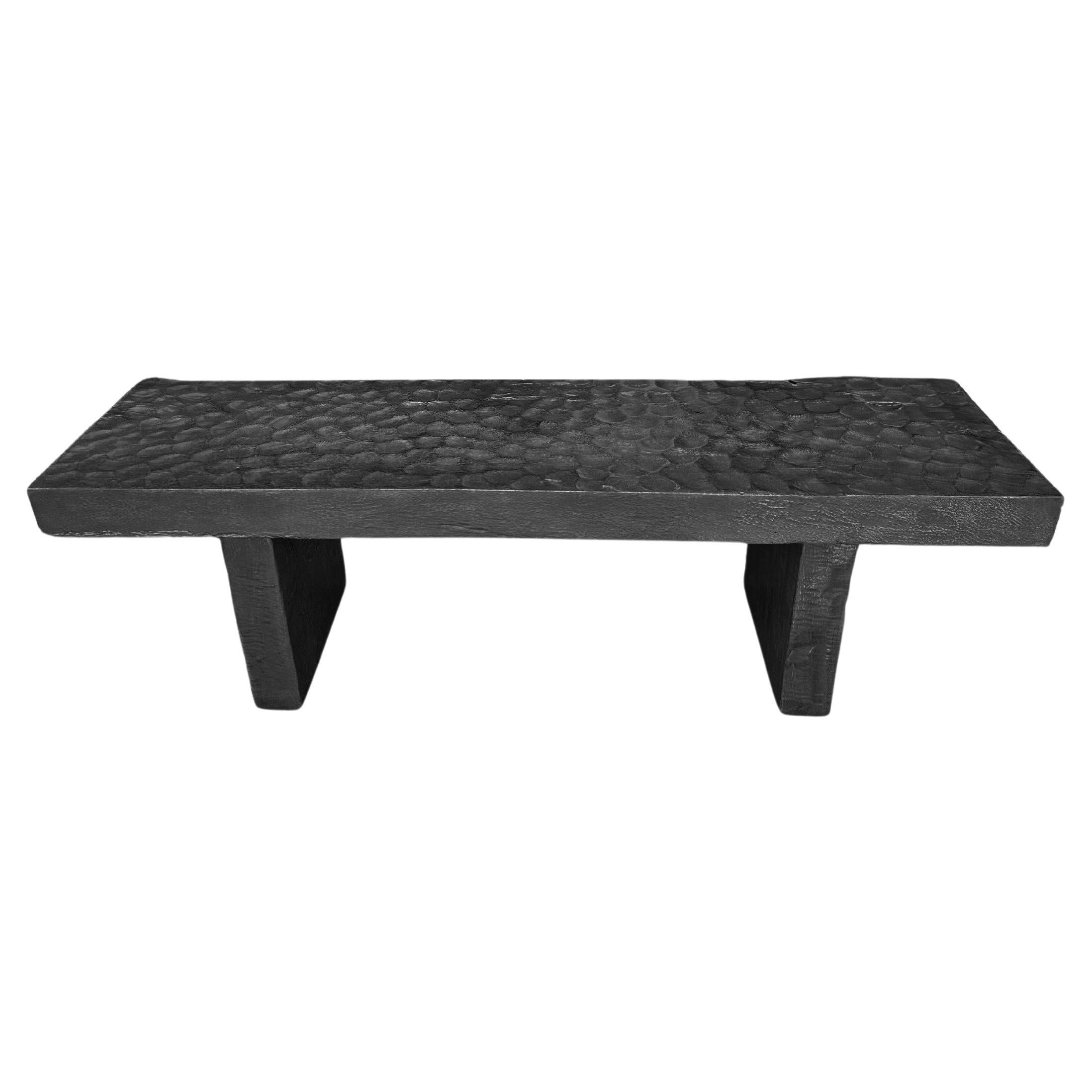 Sculptural Mango Wood Bench with Burnt Finish Modern Organic