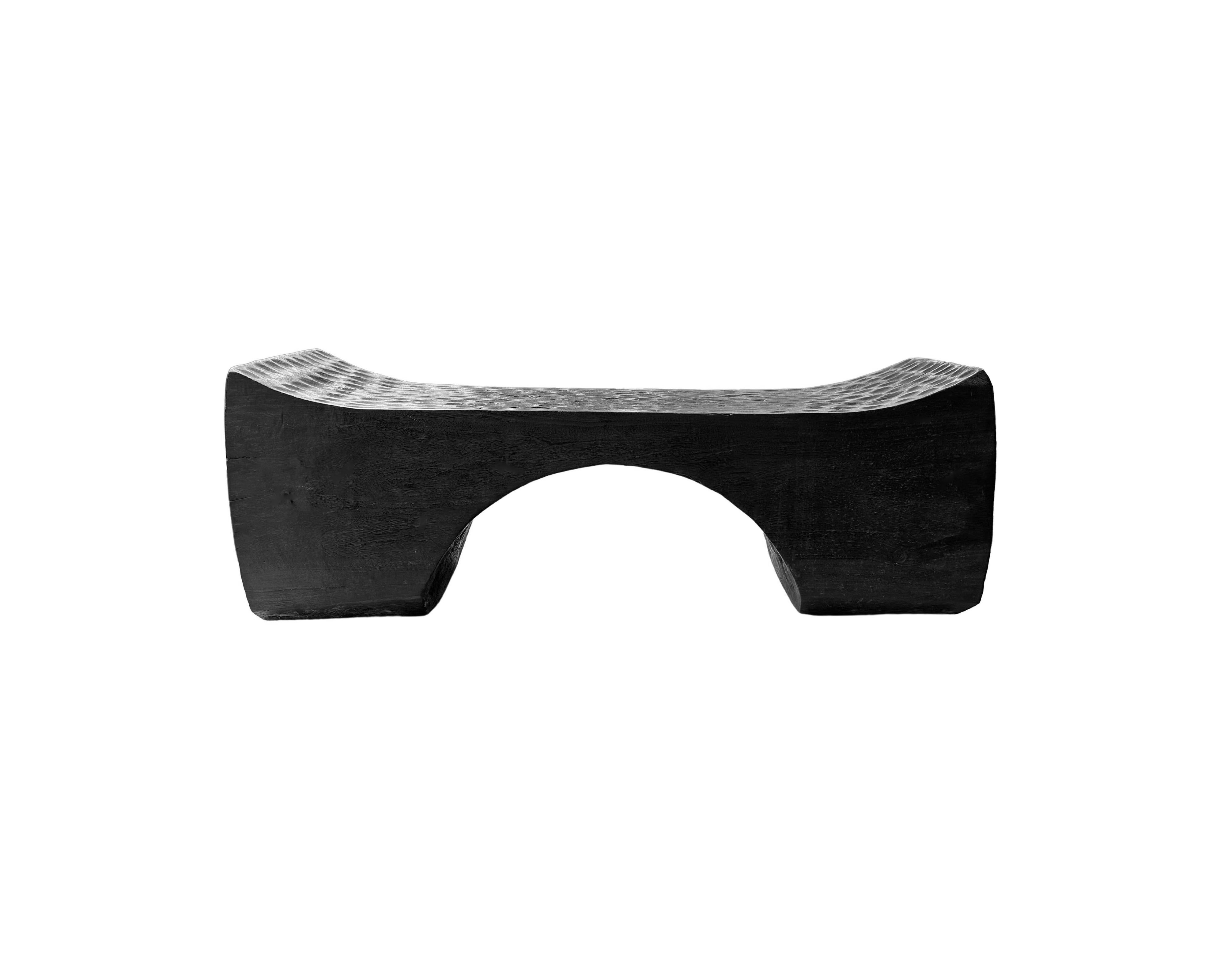 Hand-Carved Sculptural Mango Wood Bench with Burnt Finish Modern Organic, Hand-Hewn Detail For Sale