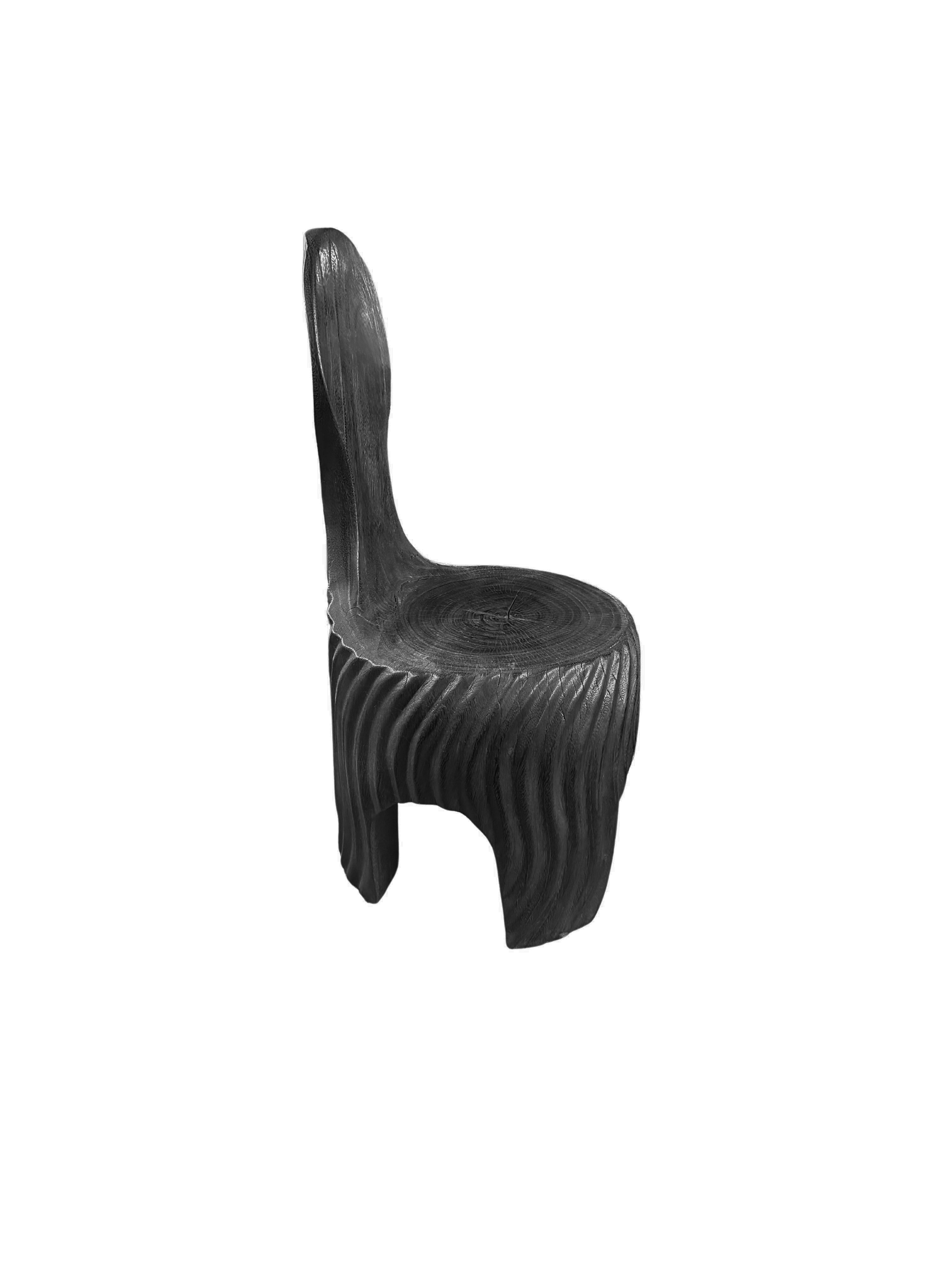 Organic Modern Sculptural Mango Wood Chair with Carved Detailing, Modern Organic, Burnt Finish For Sale