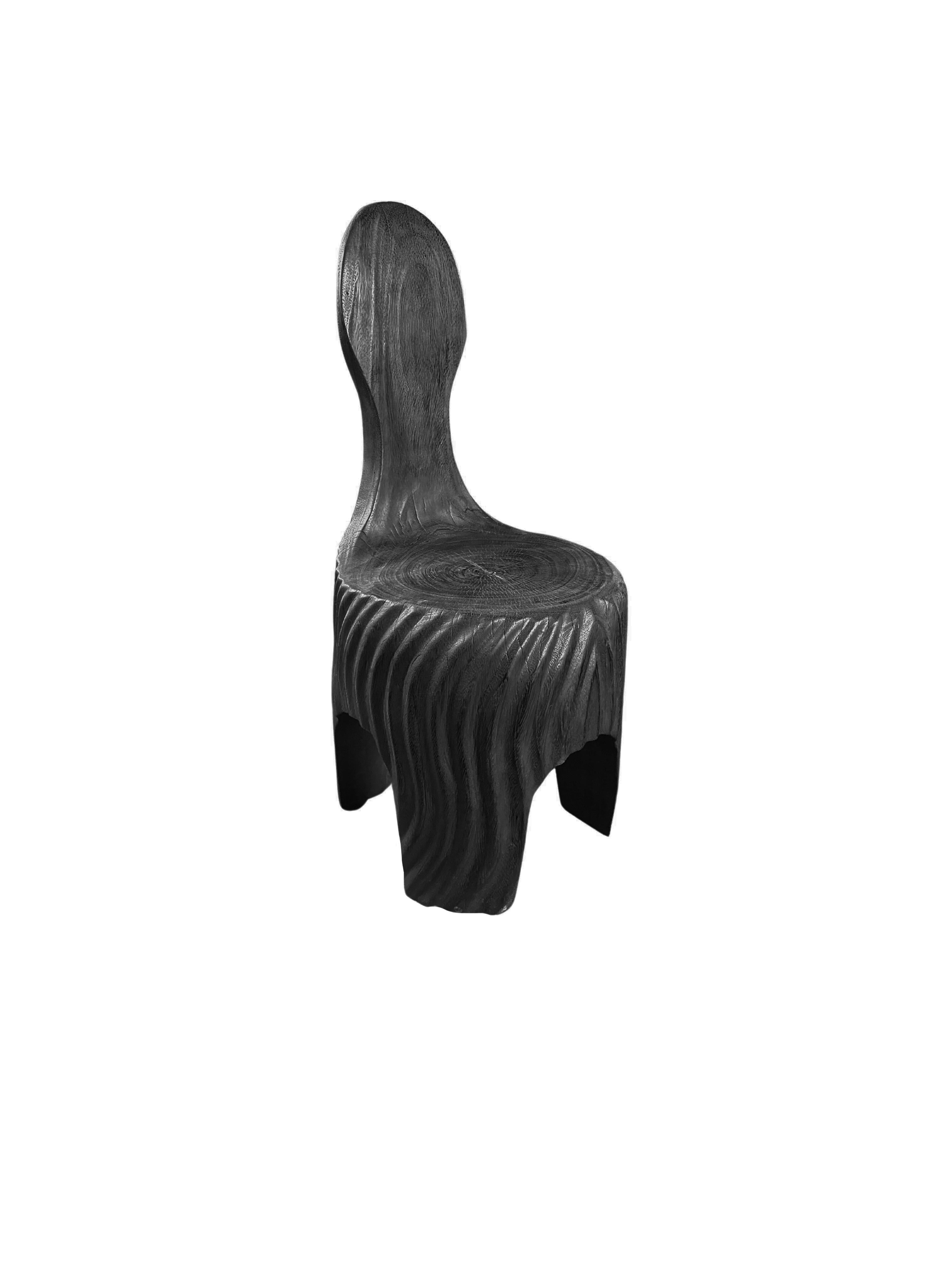 Hand-Carved Sculptural Mango Wood Chair with Carved Detailing, Modern Organic, Burnt Finish For Sale