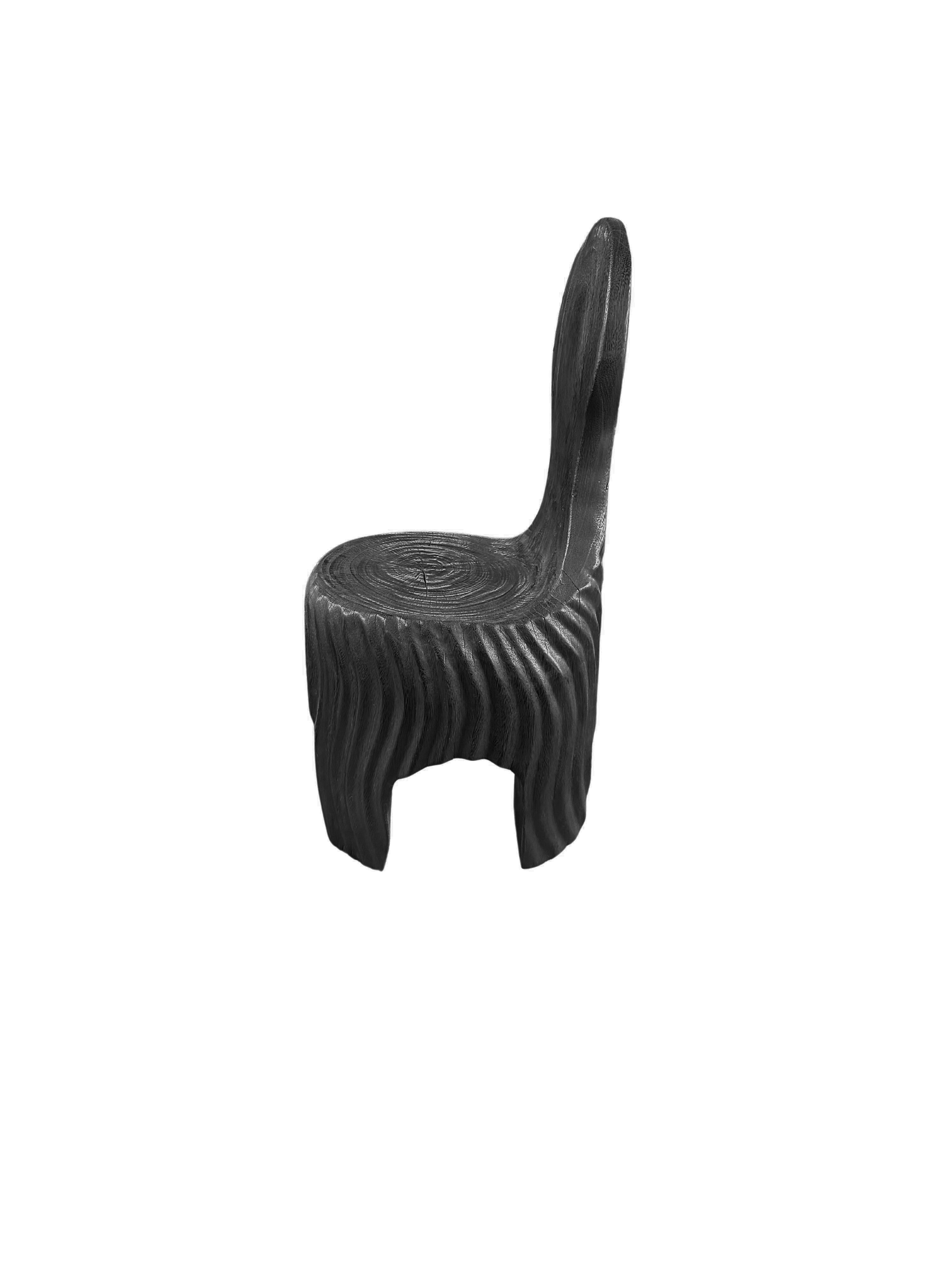 Contemporary Sculptural Mango Wood Chair with Carved Detailing, Modern Organic, Burnt Finish For Sale