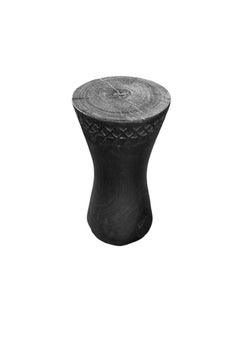 Sculptural Mango Wood Side Table, Burnt Finish, Carved Detailing Modern Organic