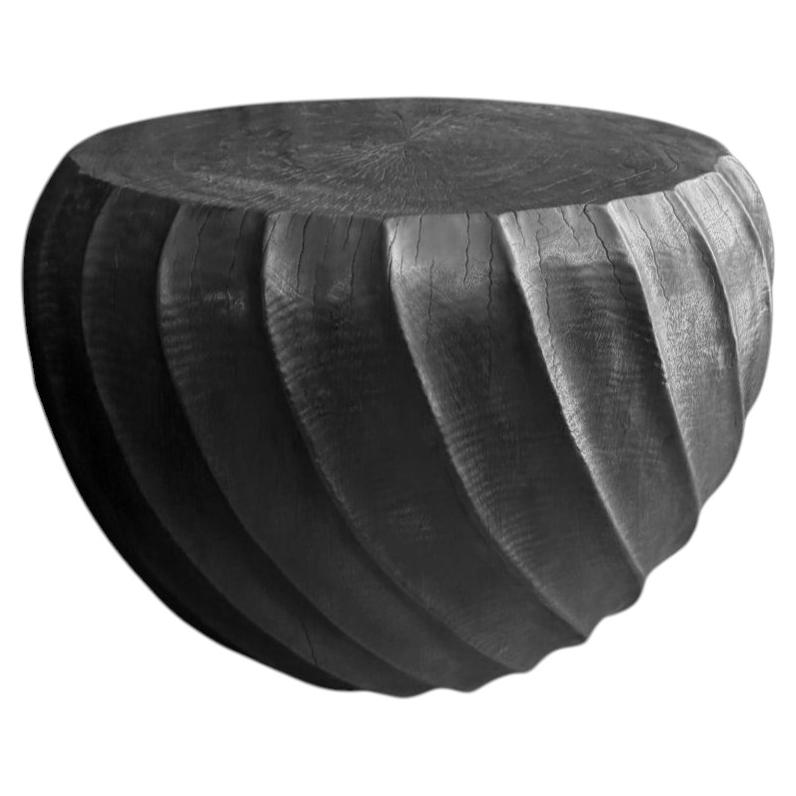 Sculptural Mango wood Side Table, Burnt Finish Modern Organic, Carved Detailing