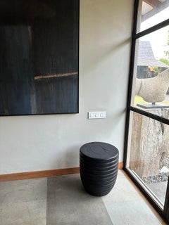 Sculptural Mango Wood Side Table, Hand-Crafted Modern Organic, Ribbed Detailing