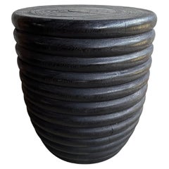 Sculptural Mango Wood Side Table, Hand-Crafted Modern Organic, Ribbed Detailing