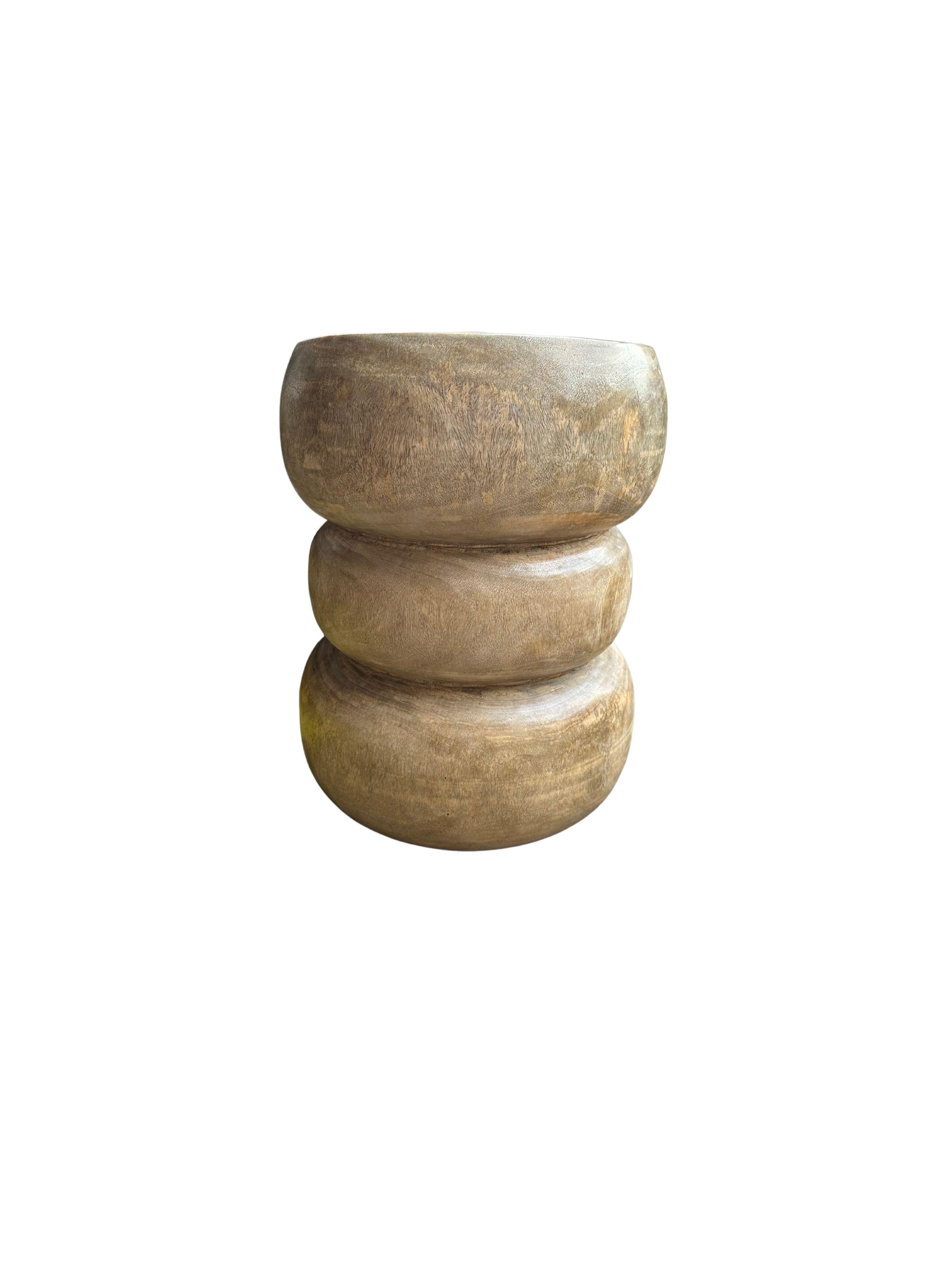 Indonesian Sculptural Mango Wood Side Table, Stacked Design Hand-Crafted Modern Organic For Sale