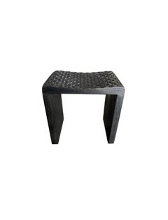 Sculptural Mango Wood Stool with Carved Detailing & Burnt Finish Modern Organic