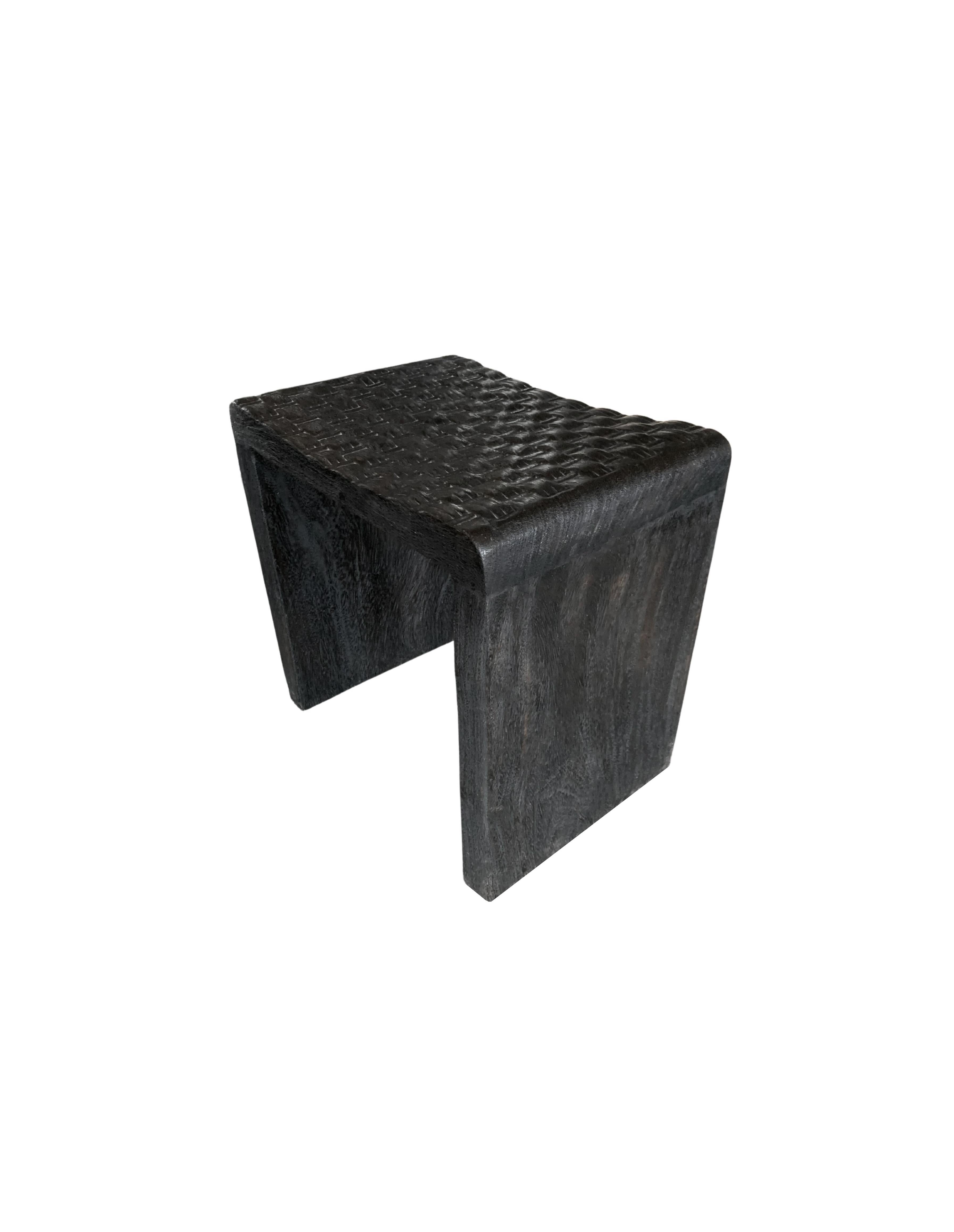 Organic Modern Sculptural Mango Wood Stool with Carved Detailing & Burnt Finish Modern Organic For Sale
